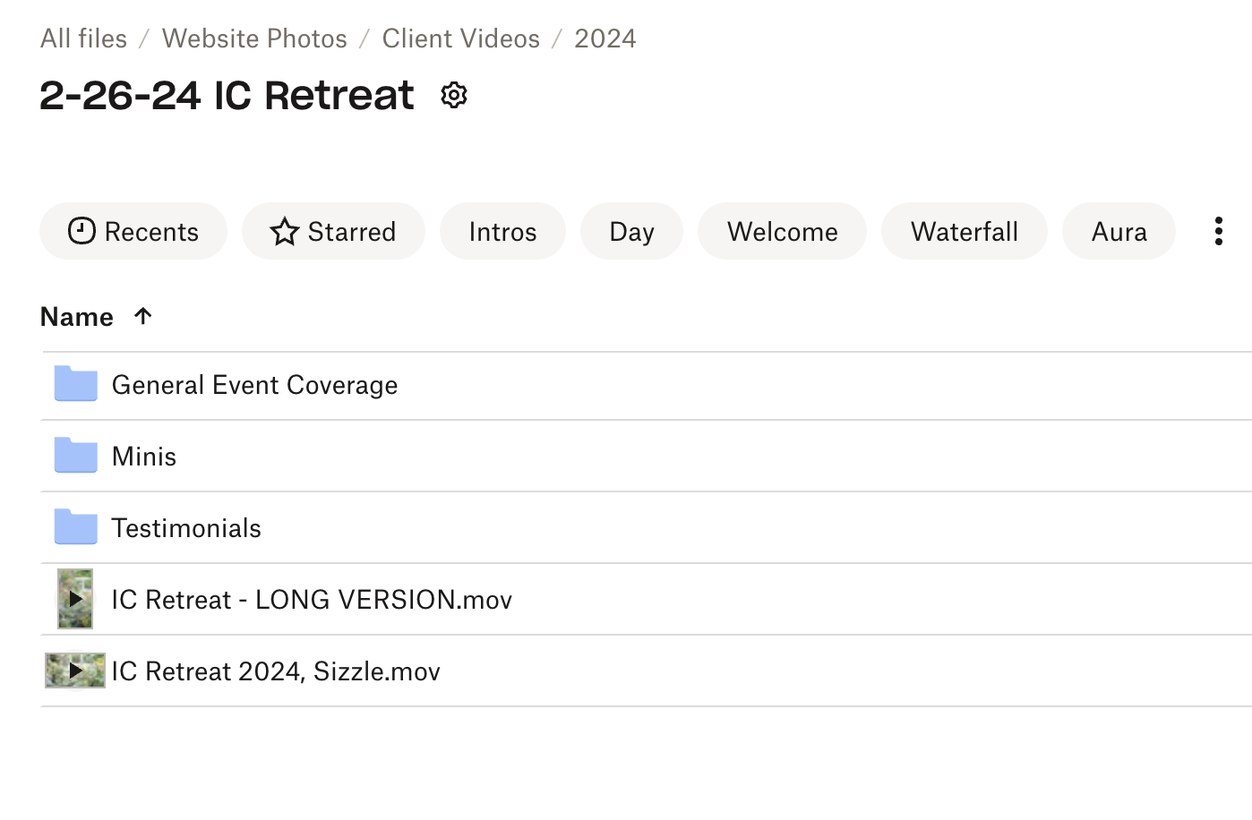 A screenshot of the media library clients get from Solhaus Media event video coverage.