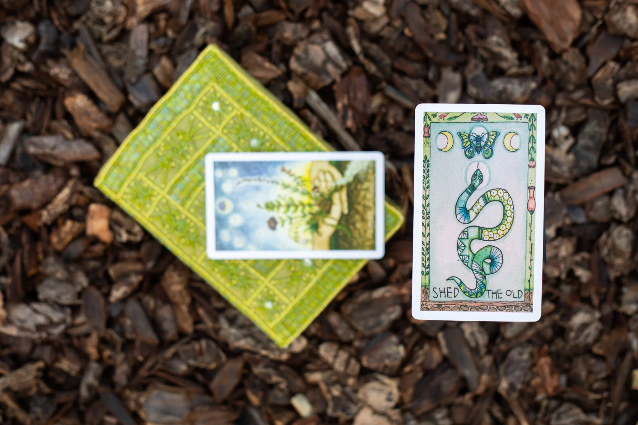 An overhead shot of two oracle cards and a green notebook sitting on a bed of woodchips for the personal branding photoshoot of a spiritual coach.