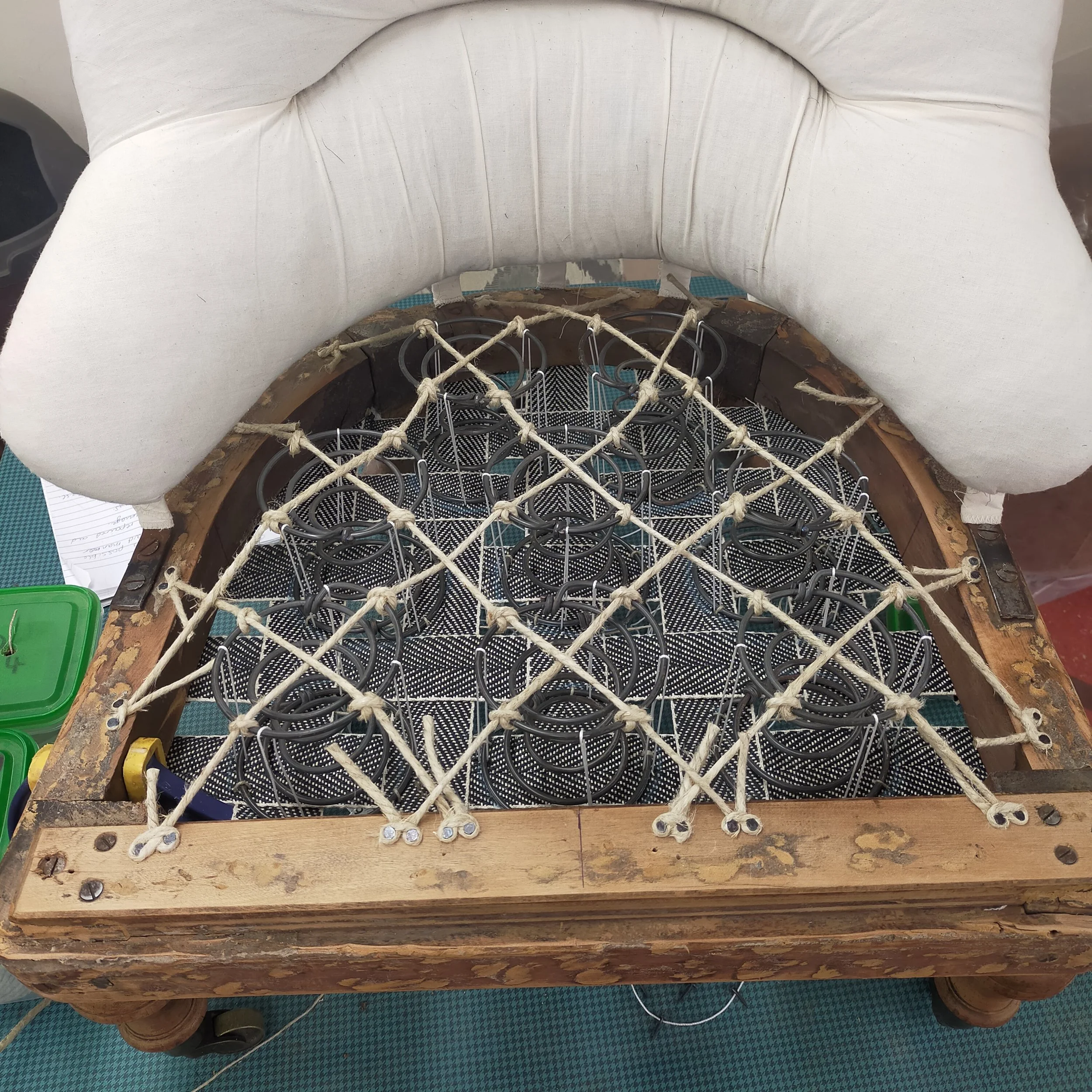 Seat webbed, sprung and lashed