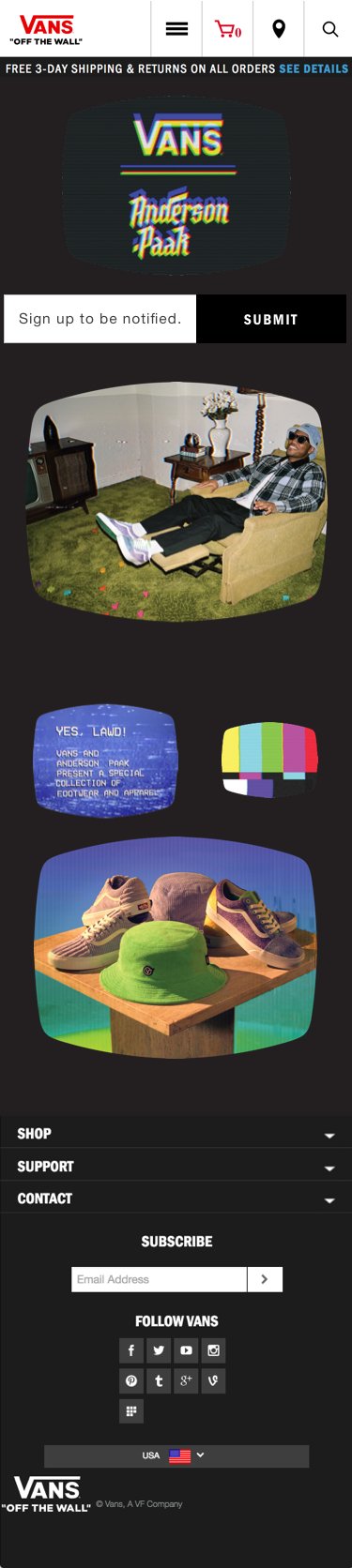 vans.com Interest List Sign-Up Page (Mobile)