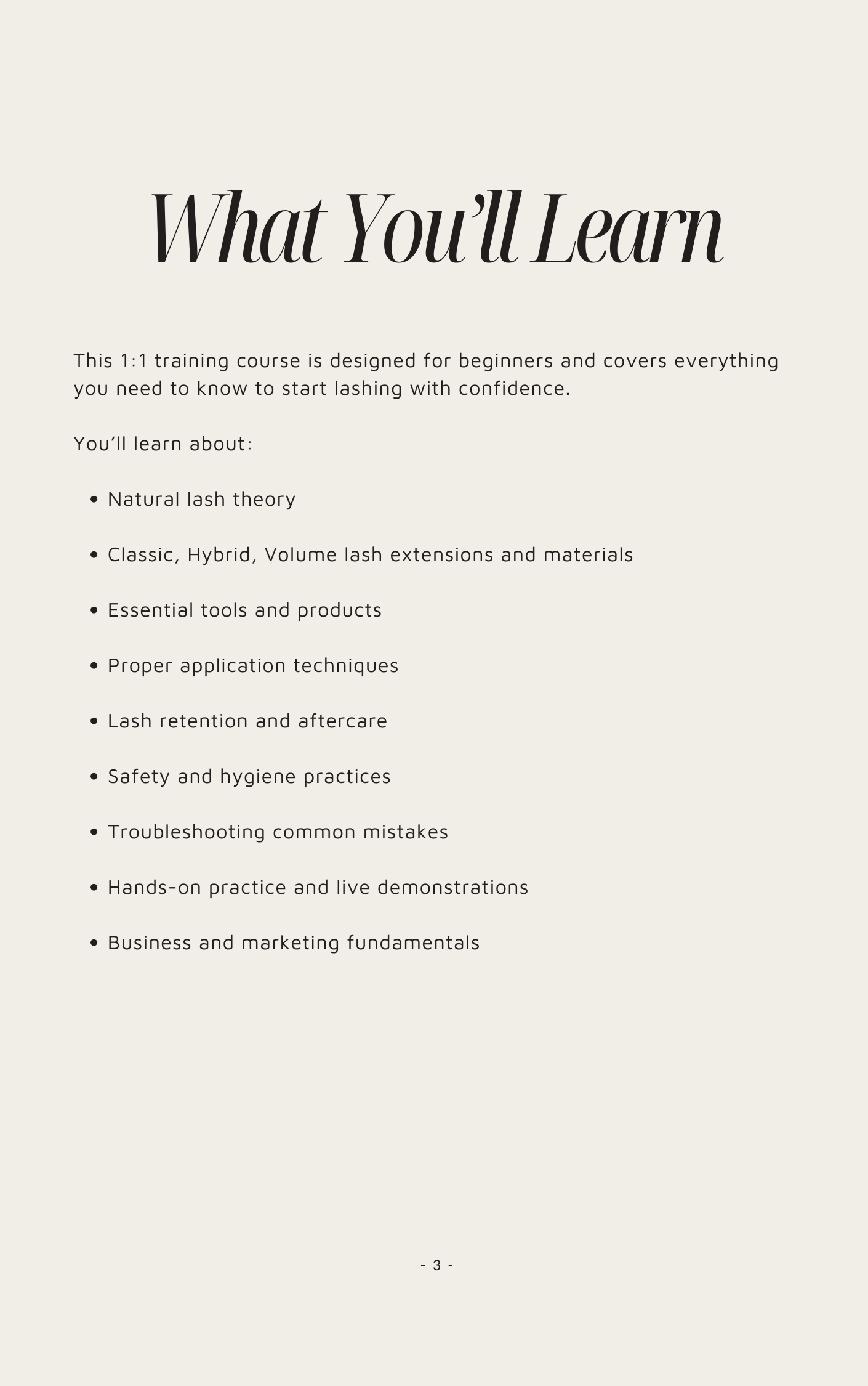 Course overview page titled 'What You'll Learn' outlining a lash training course.