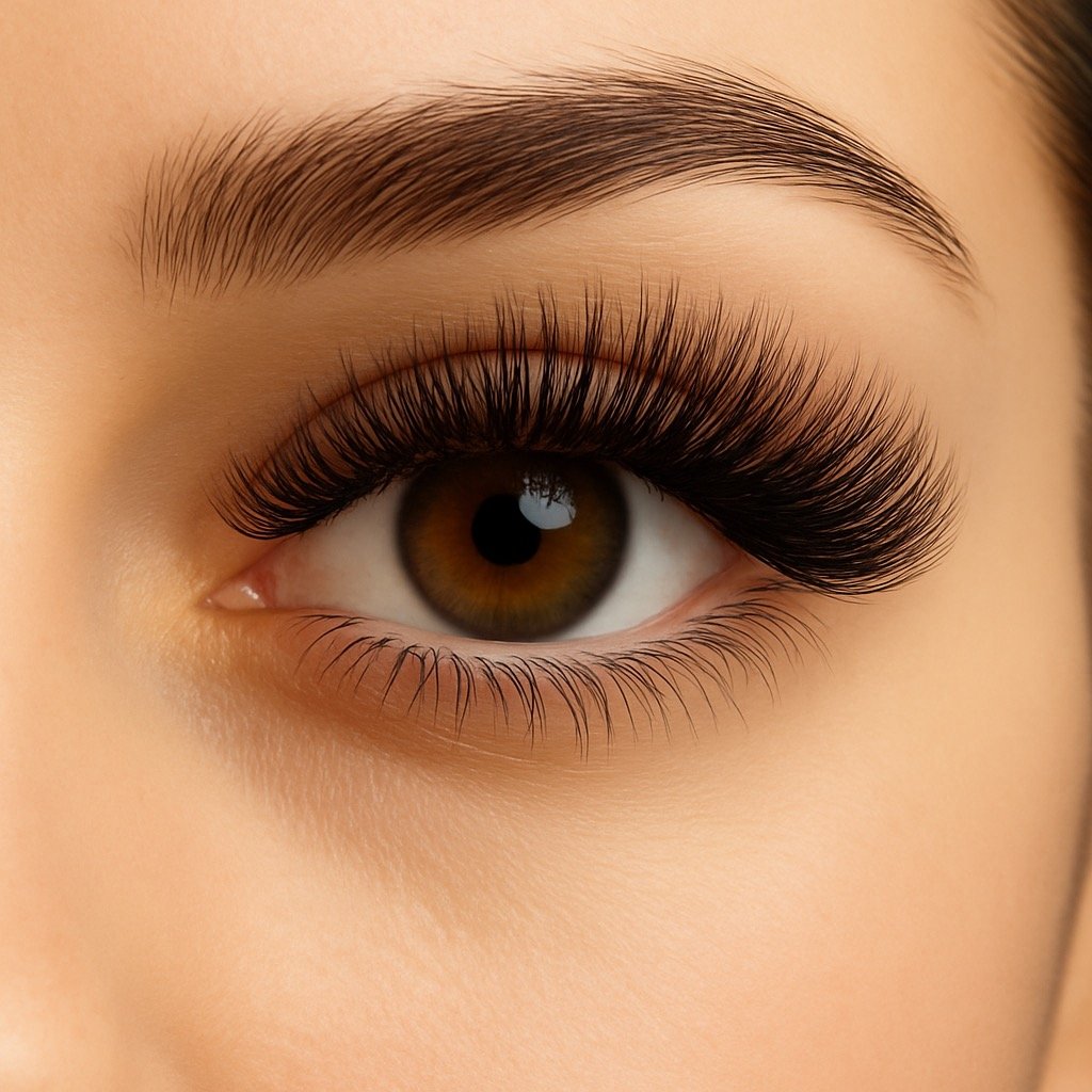 Close-up of a person's eye with long, thick eyelashes, brown iris, and well-groomed eyebrows.