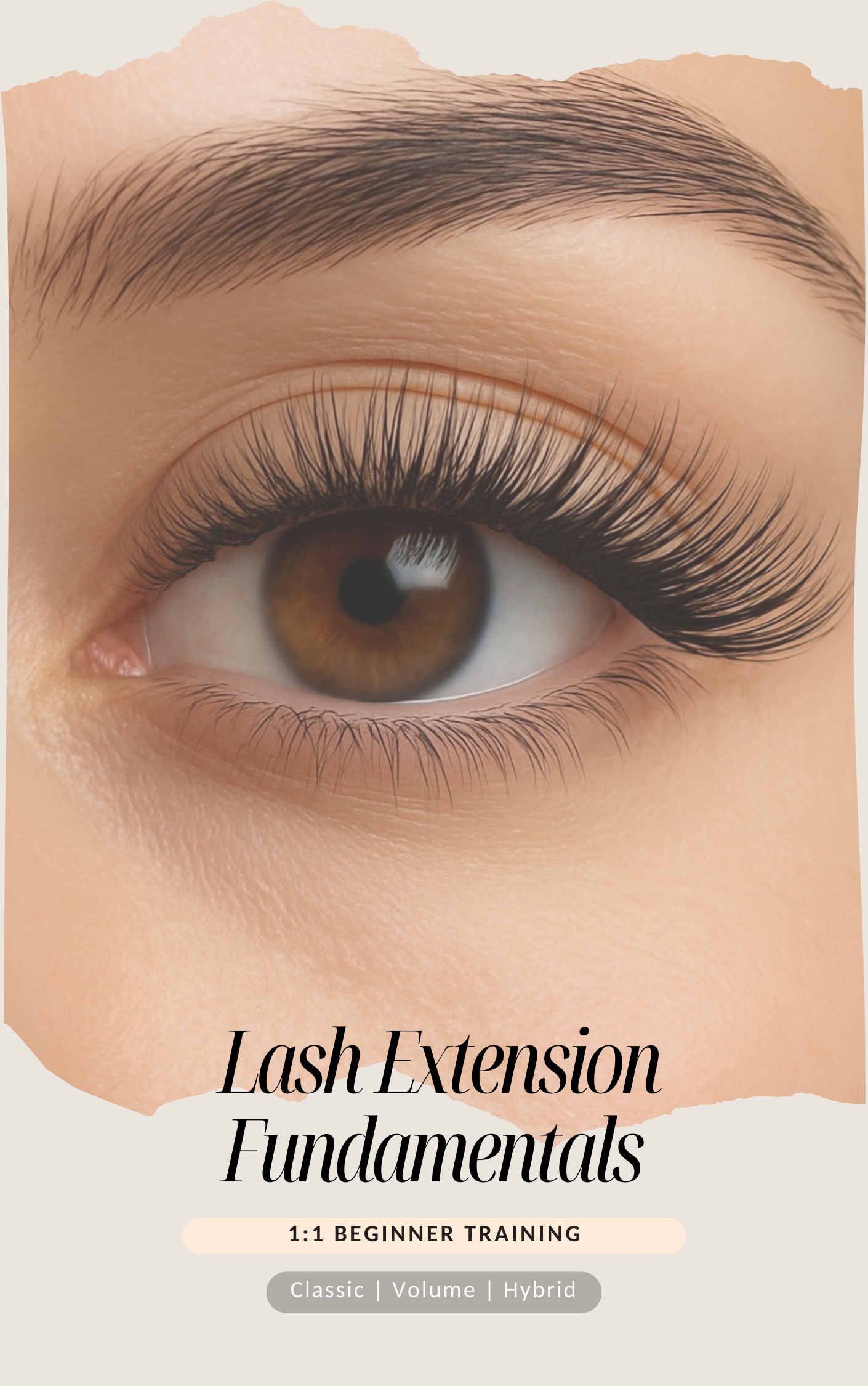 Close-up of a brown eye with long eyelash extensions, eyebrows, and smooth skin, advertising a lash extension training course.