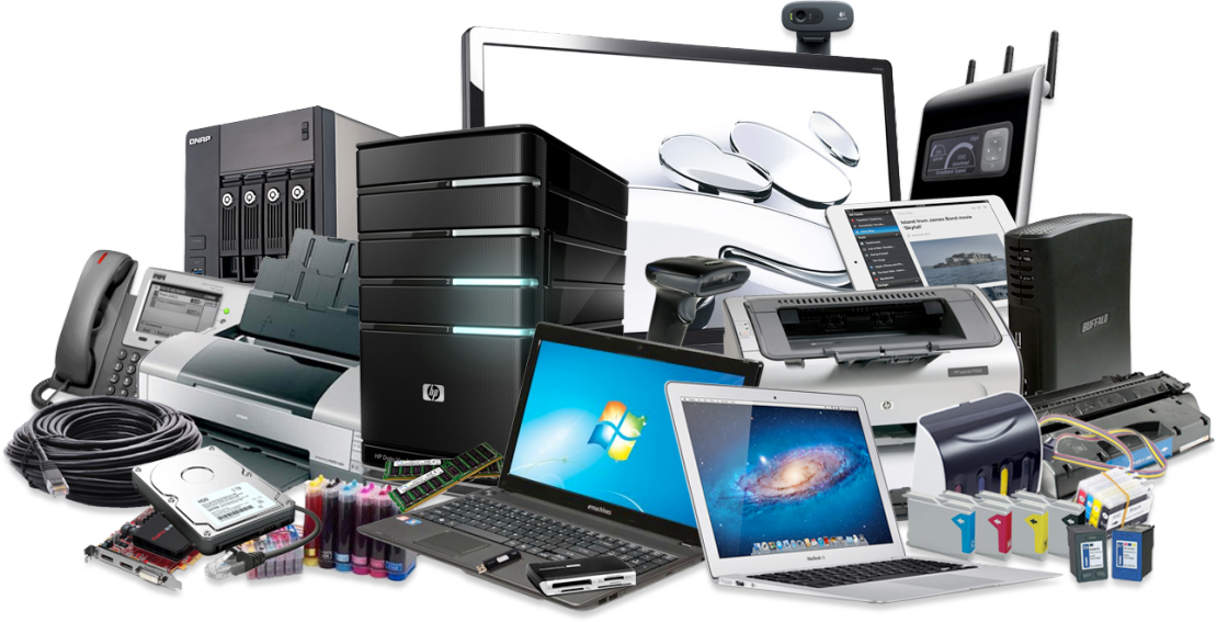 A collection of office electronics including laptops, printers, scanners, external hard drive, fax machine, computers, cables, ink cartridges, and other computer accessories.