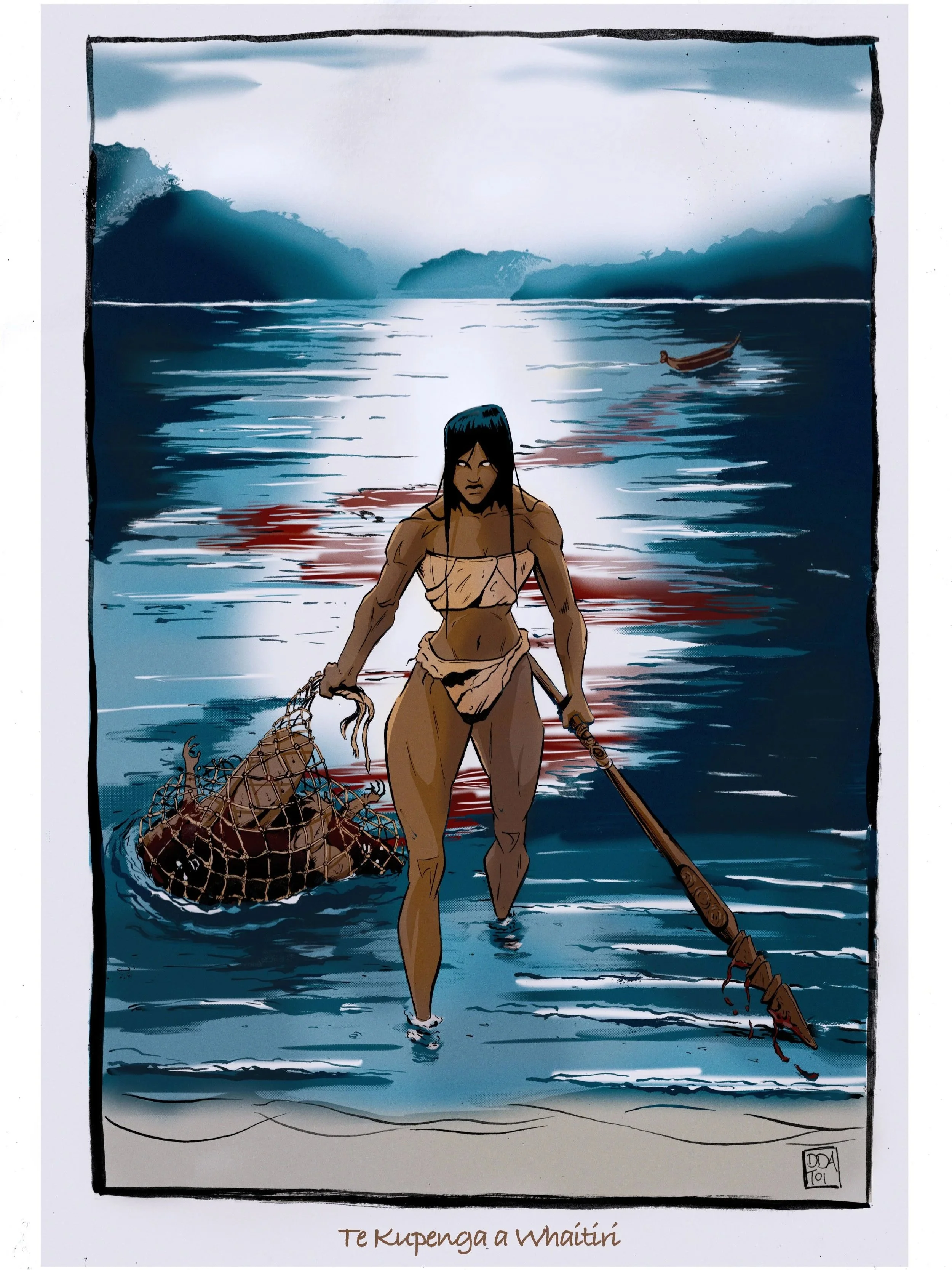 A digital illustration of a woman in traditional Polynesian attire wading through water, holding a spear in one hand and a net with a large fish in the other, with a scenic landscape and boat in the background, titled 'Te Kupenga a Whaitiri'.