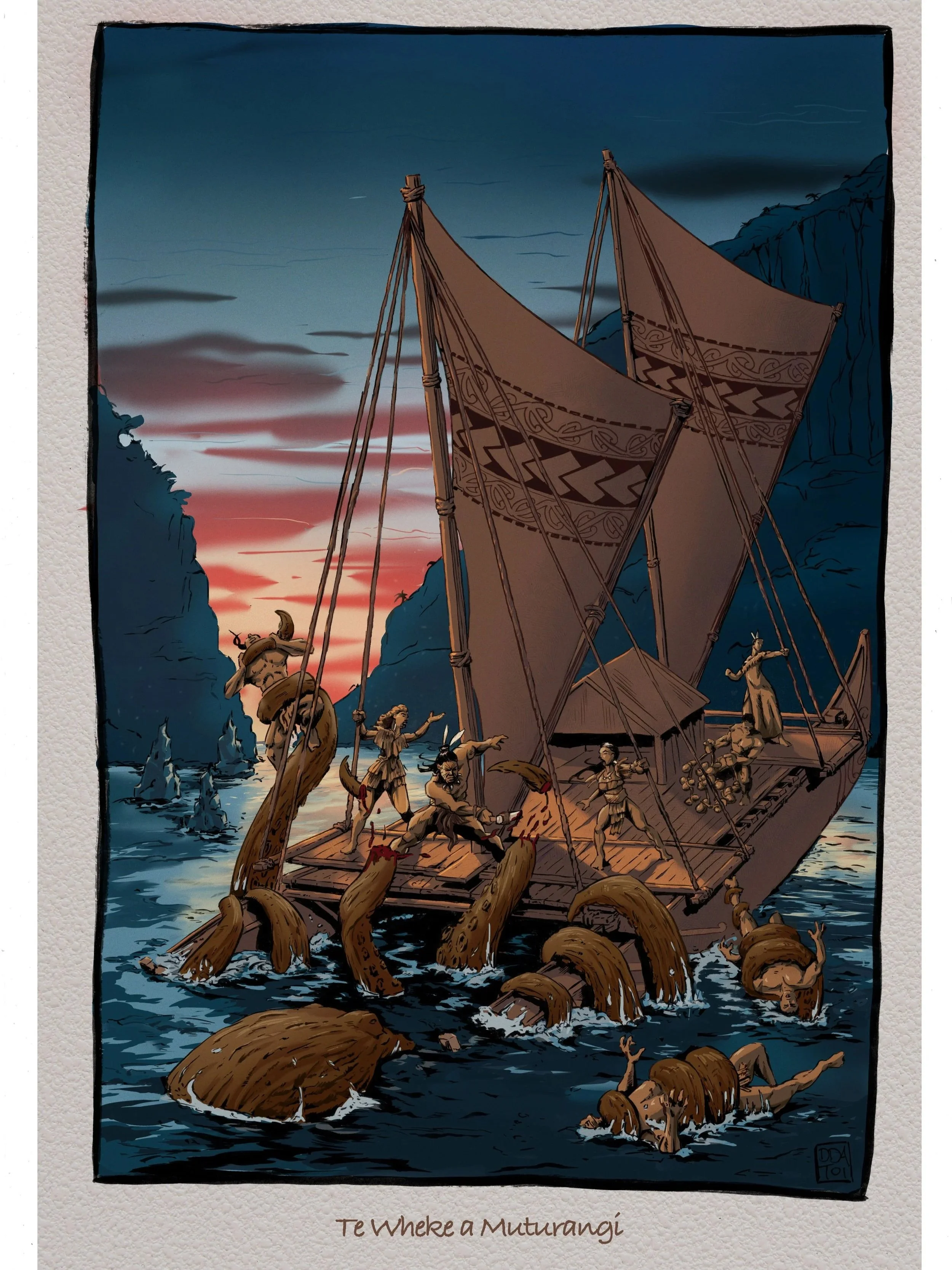 This piece captures the moment Kupe and his crew fought the mighty wheke inside the bay now known as Whekenui — a scene of courage, chaos, and the supernatural power of the wheke.