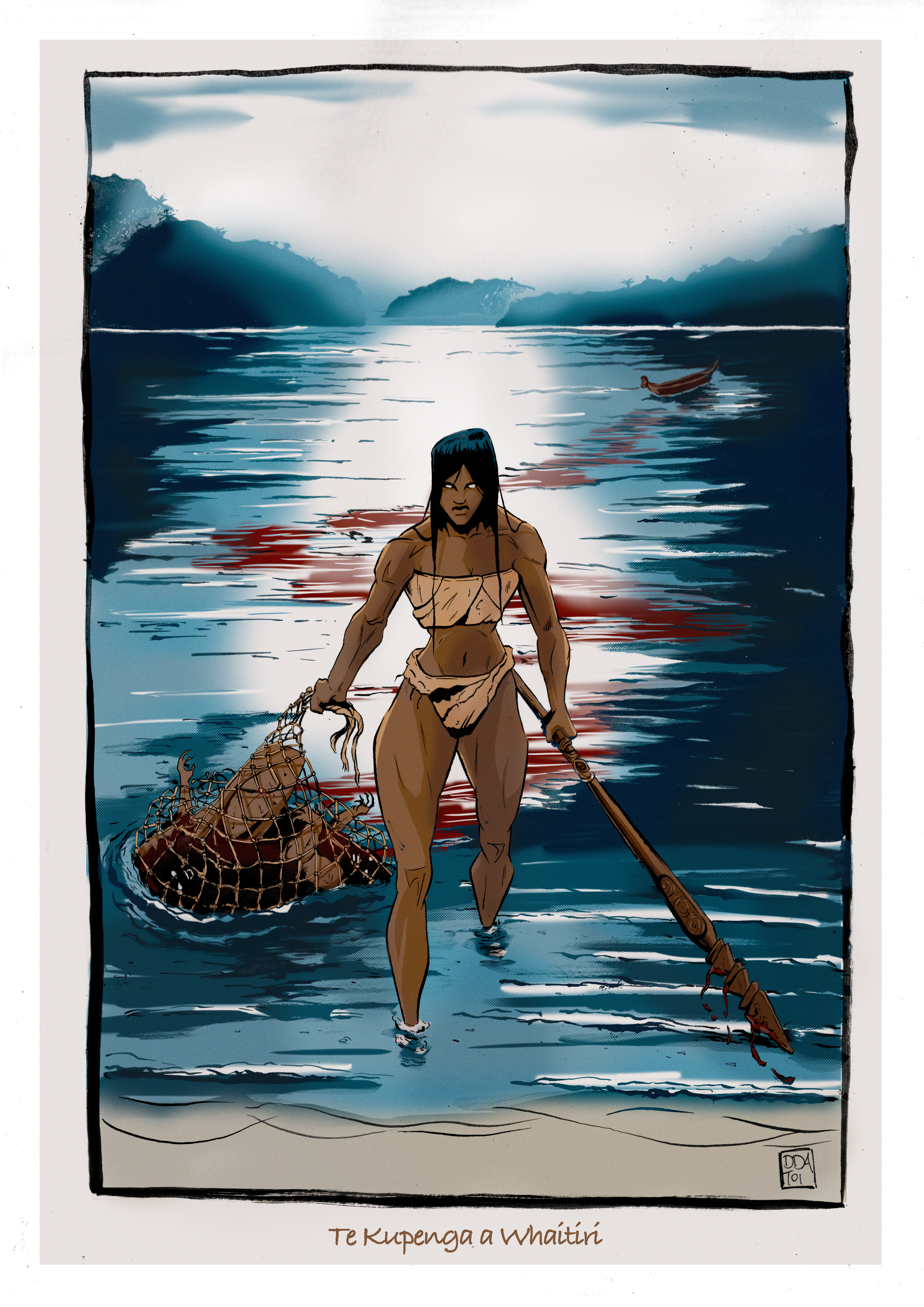 A Polynesian woman stands in shallow water on a beach, holding a spear in one hand and a net with a fish in the other. There are mountains in the background, and a small boat floats in the distance. The scene is illustrated with a somber tone.