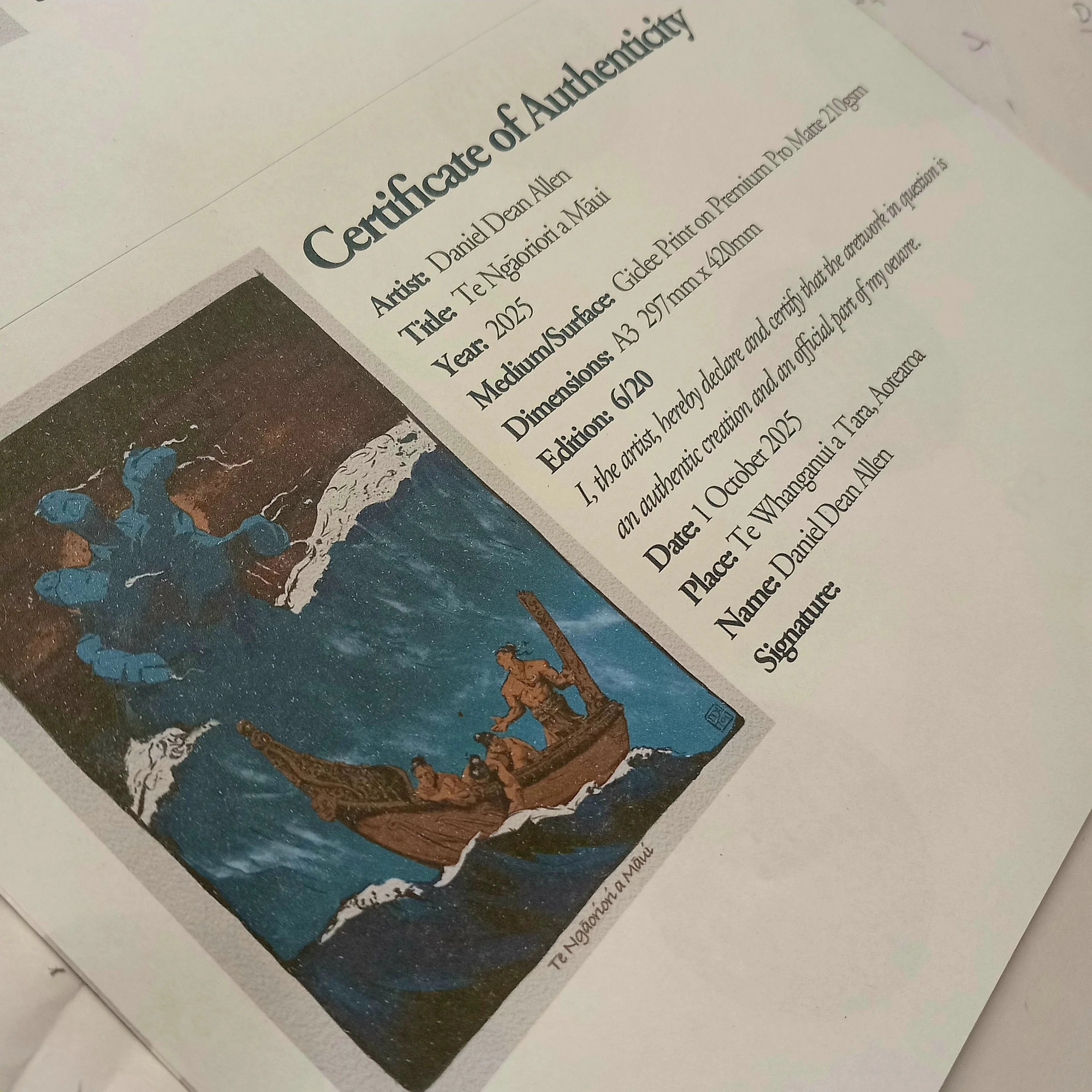 Certificate of authenticity sticker on the back of the Te Ngaoriori a Māui limited edition art print