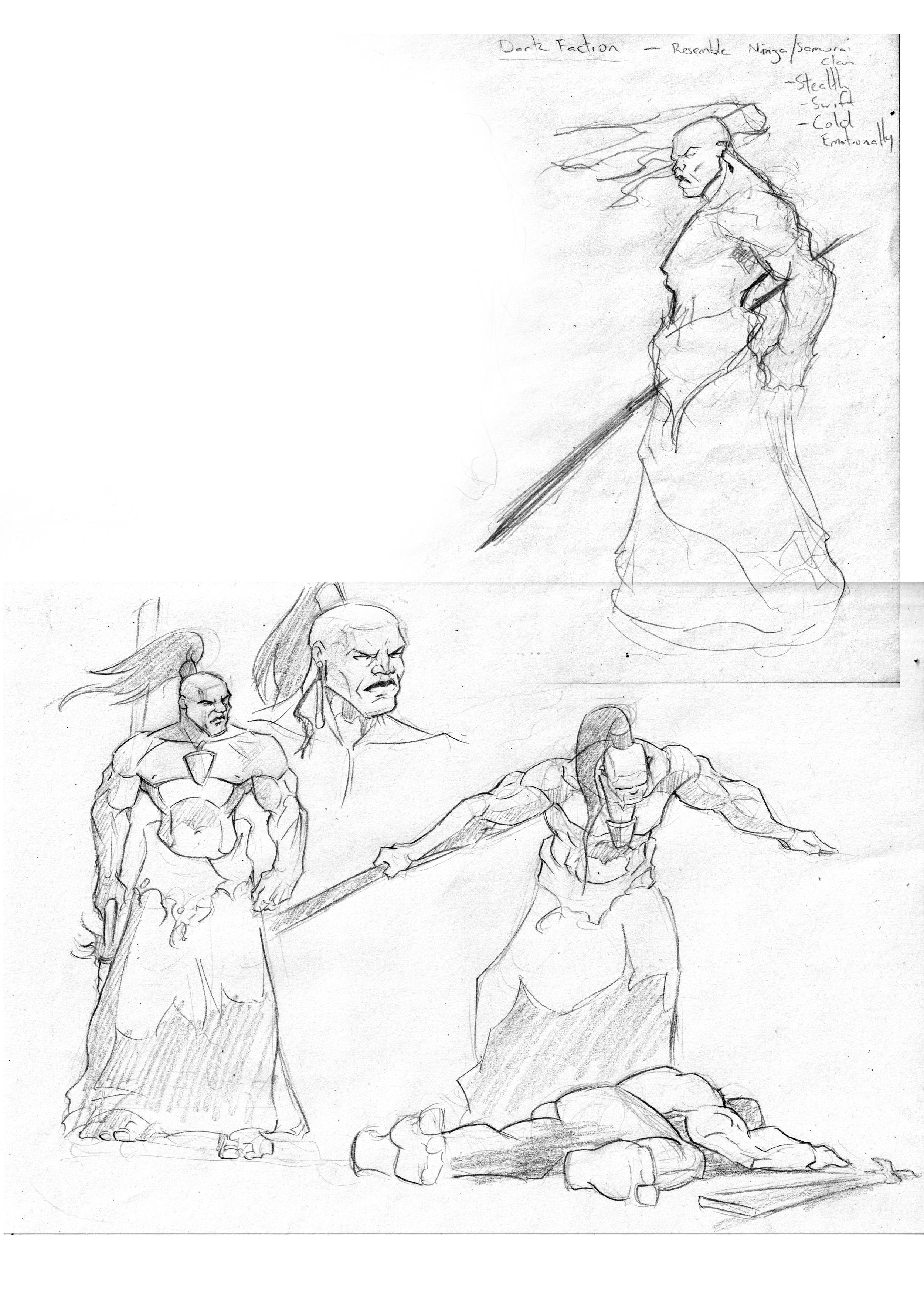 Sketches of characters from the Dark Fantasy genre, showing a woman with flowing hair and a spear, a muscular man with a stern expression, and a figure kneeling with outstretched arms, all in dynamic poses.