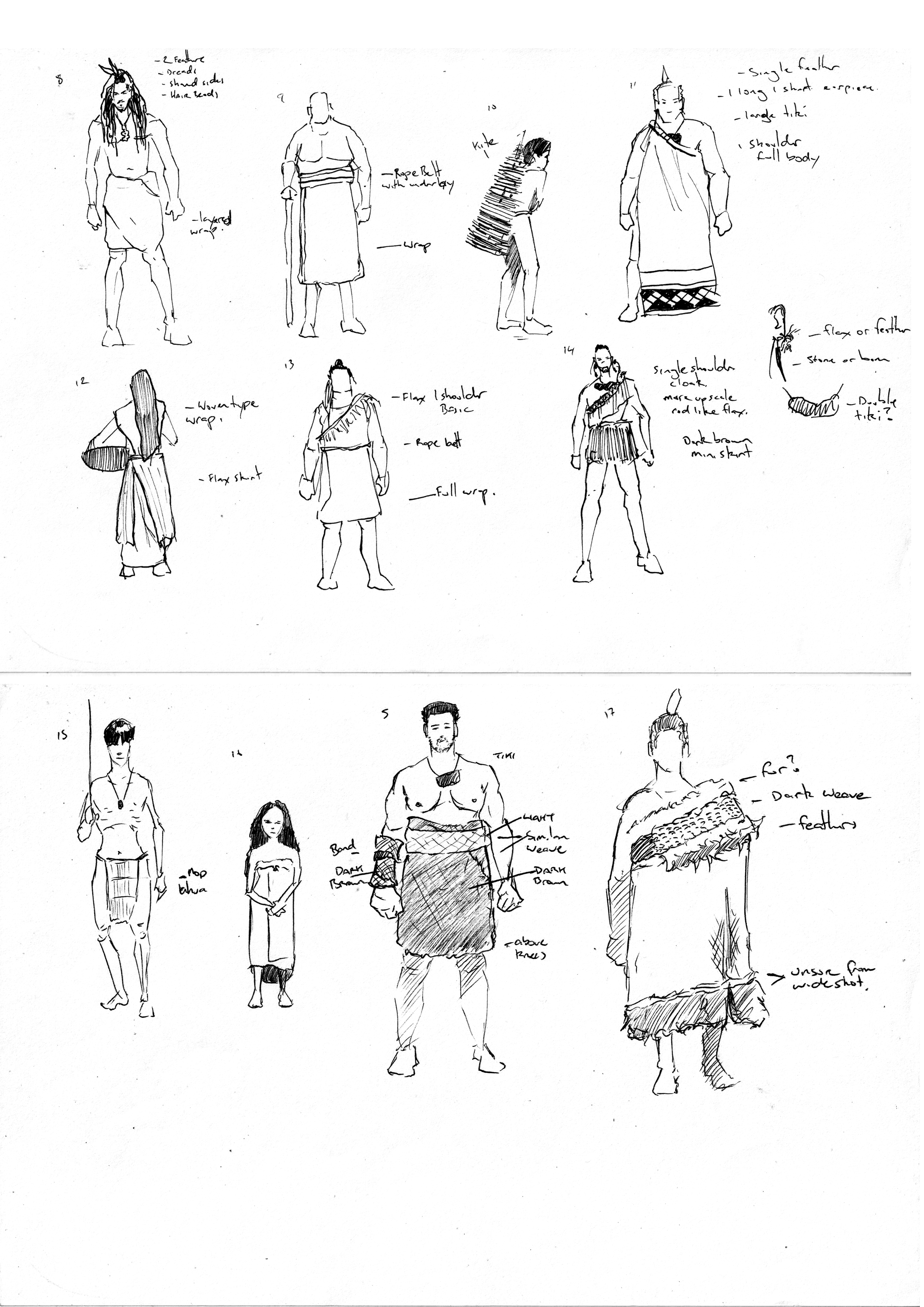 Hand-drawn fashion sketches of various clothing designs and costumes, with notes on fabric, styles, and features.