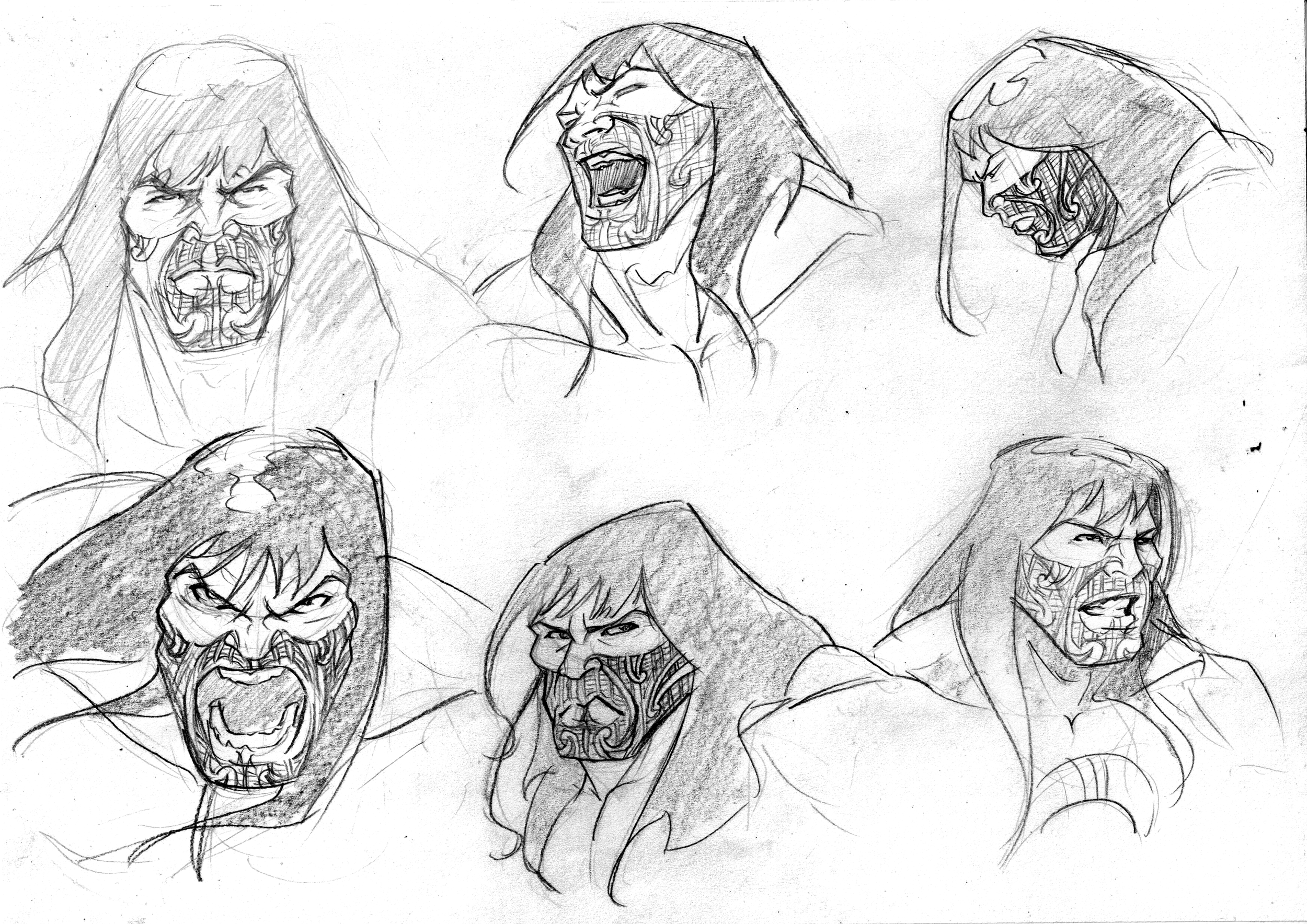 Sketches of a muscular male character with long hair, shown in various aggressive or shouting poses, some with detailed facial expressions and intricate patterns on the face.