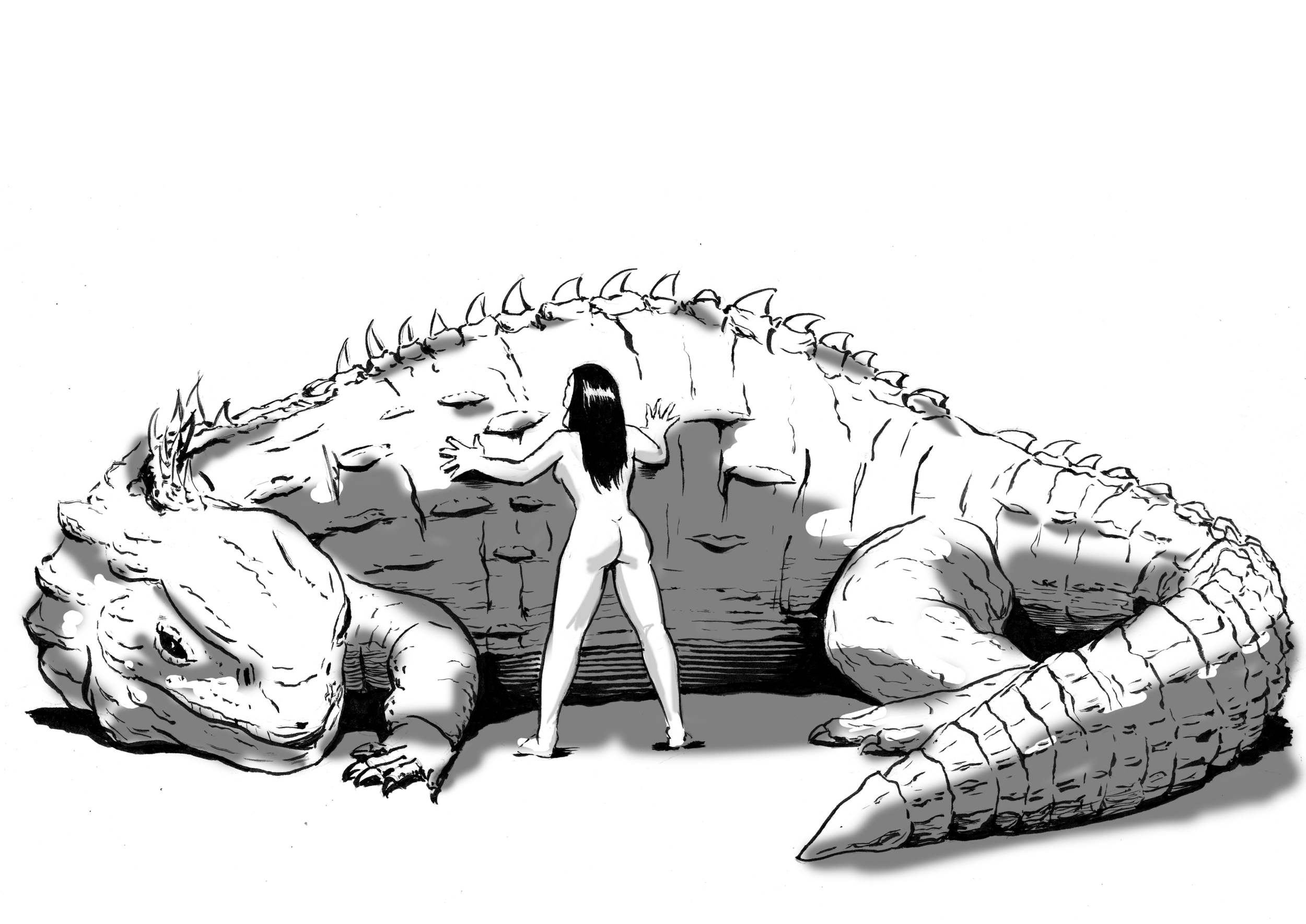 A woman with long dark hair, seen from the back, standing naked and touching a giant, armored reptile with a large head and tail, and spikes along its back and tail.