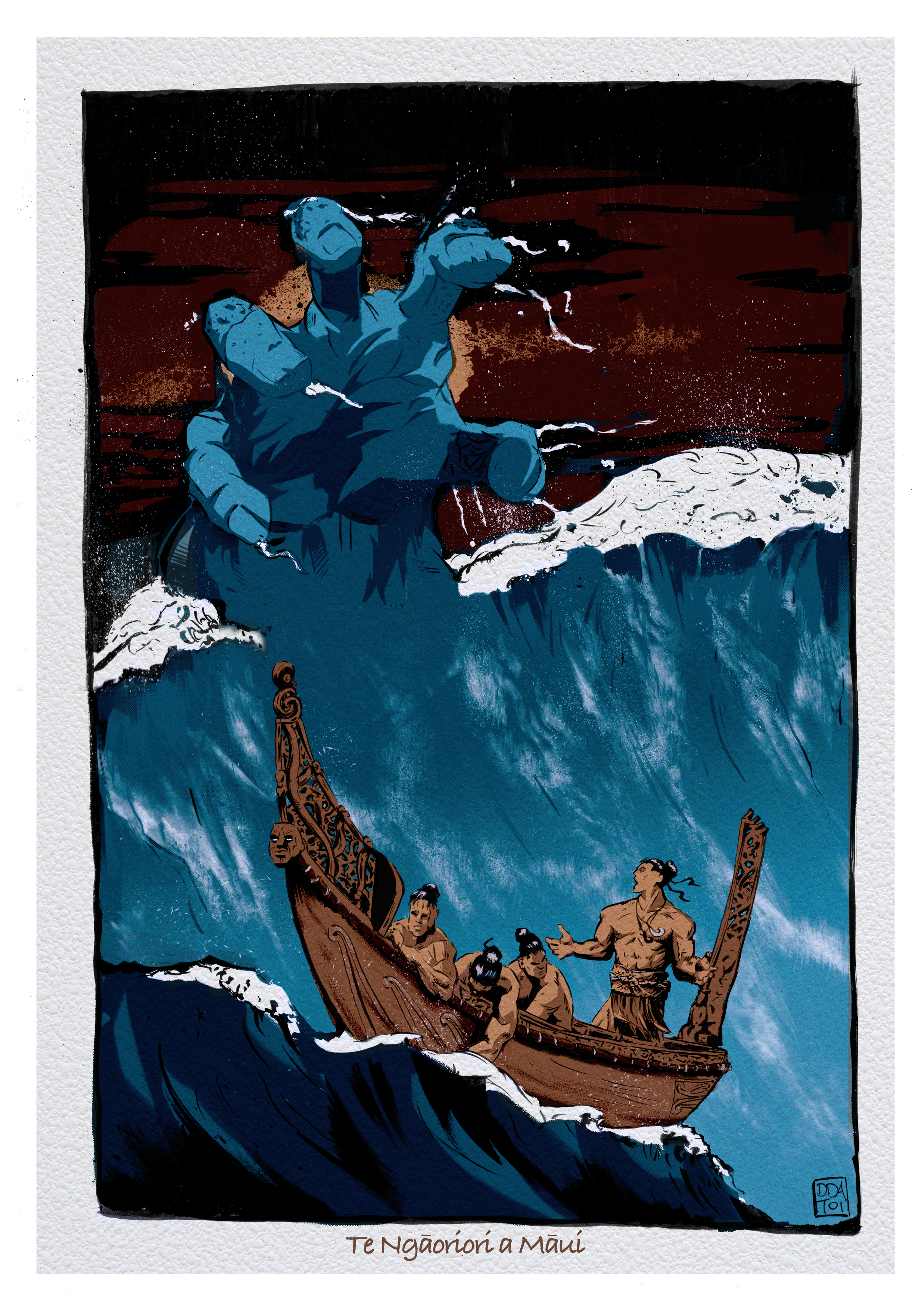 Māui aboard Nukutaimemeha is taunted by Tangaroa