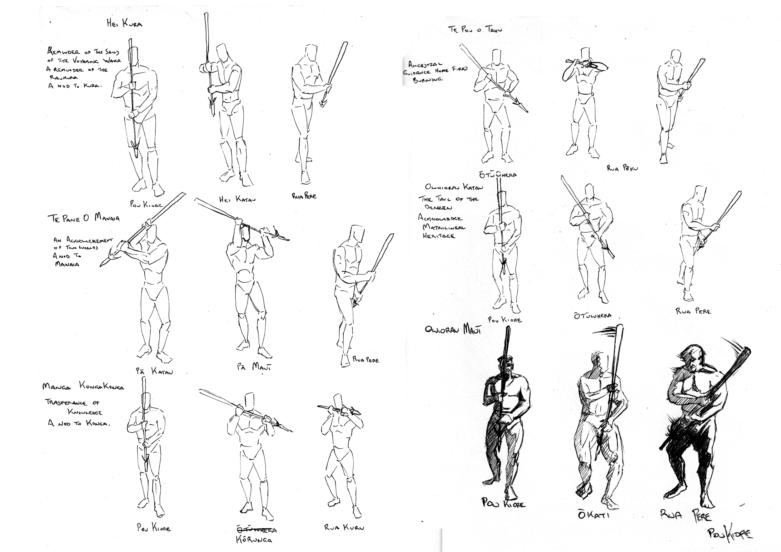 Black and white sketches of a person illustrating various traditional Maori weapons and stances, including a spear, sword, and staff, with handwritten notes describing each pose and weapon.