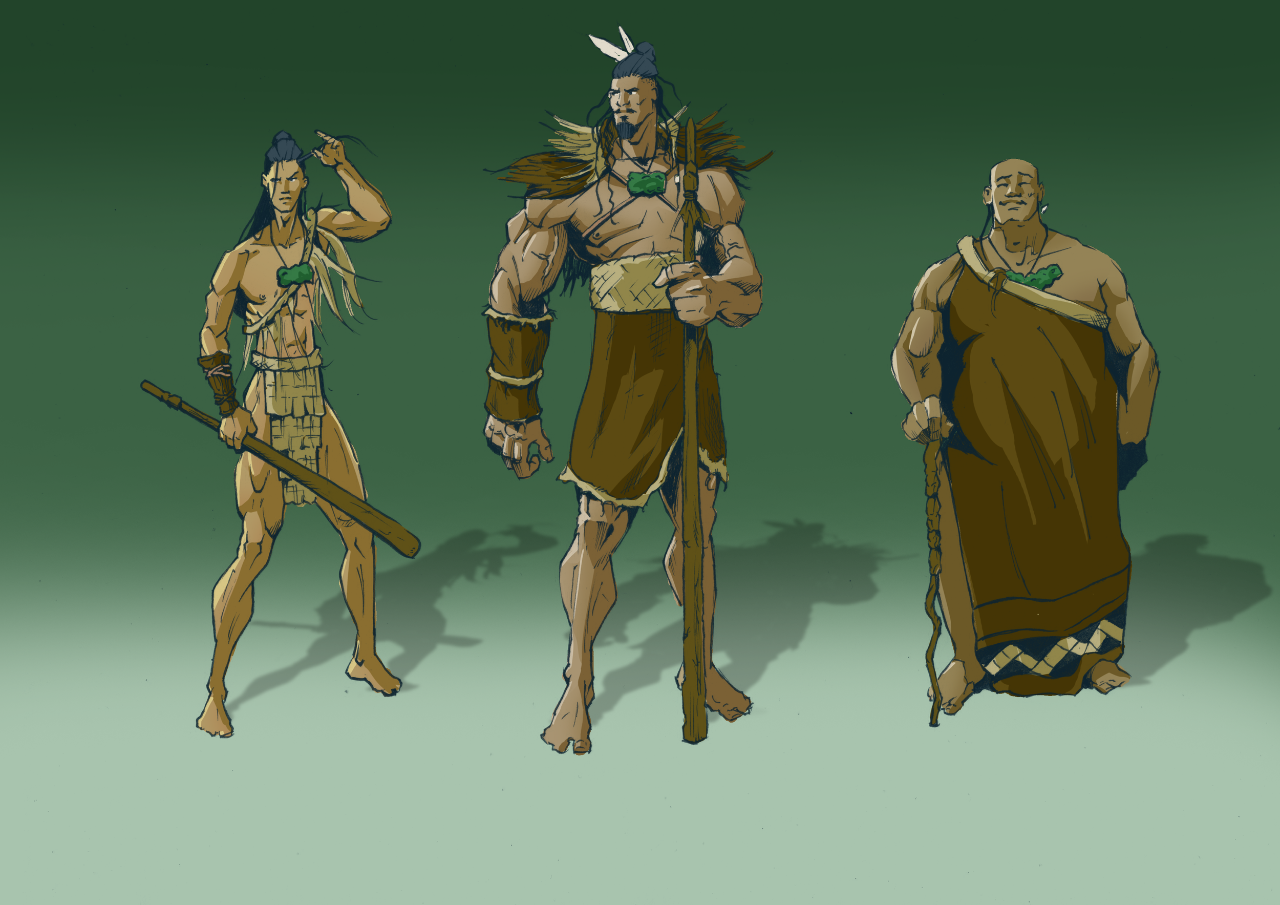 Illustration of three indigenous people in traditional attire standing against a green background.