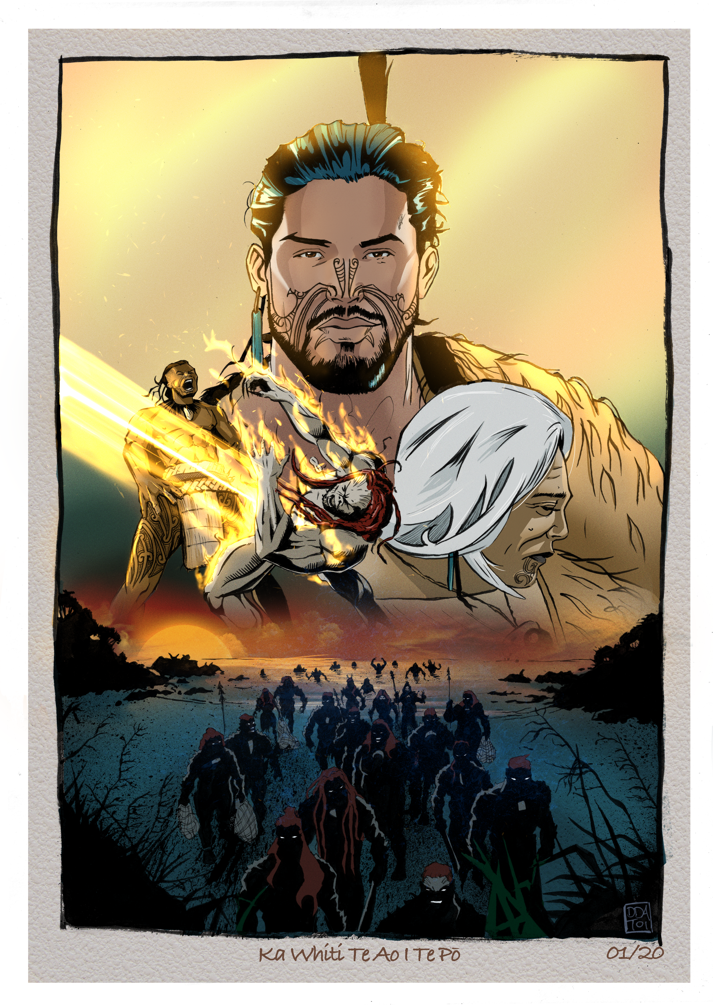 Golden rays of sunshine fall on a portrait of Tāwhaki.  Karihi speaks an incantation as a ponaturi burst into flames from exposure to the sunlight.  Urutonga mourns for her husband.  Ponaturi emerge from the ocean as the sun sets.