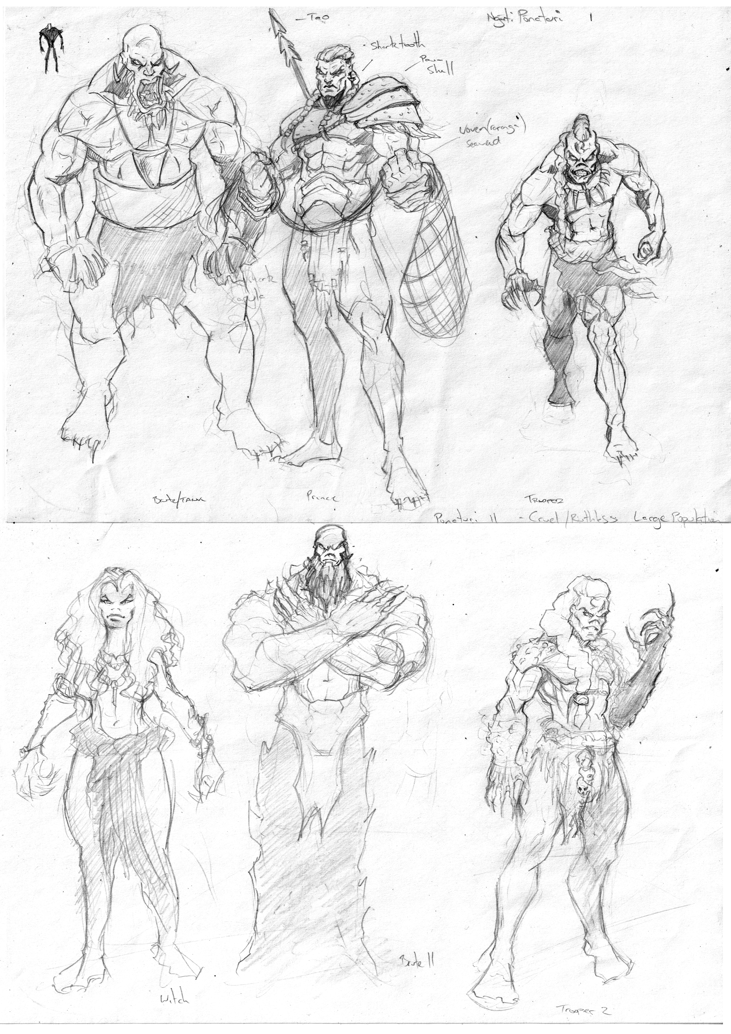 Sketches of seven fantasy characters, including ogres, a witch, and a warrior, with some notes and labels.
