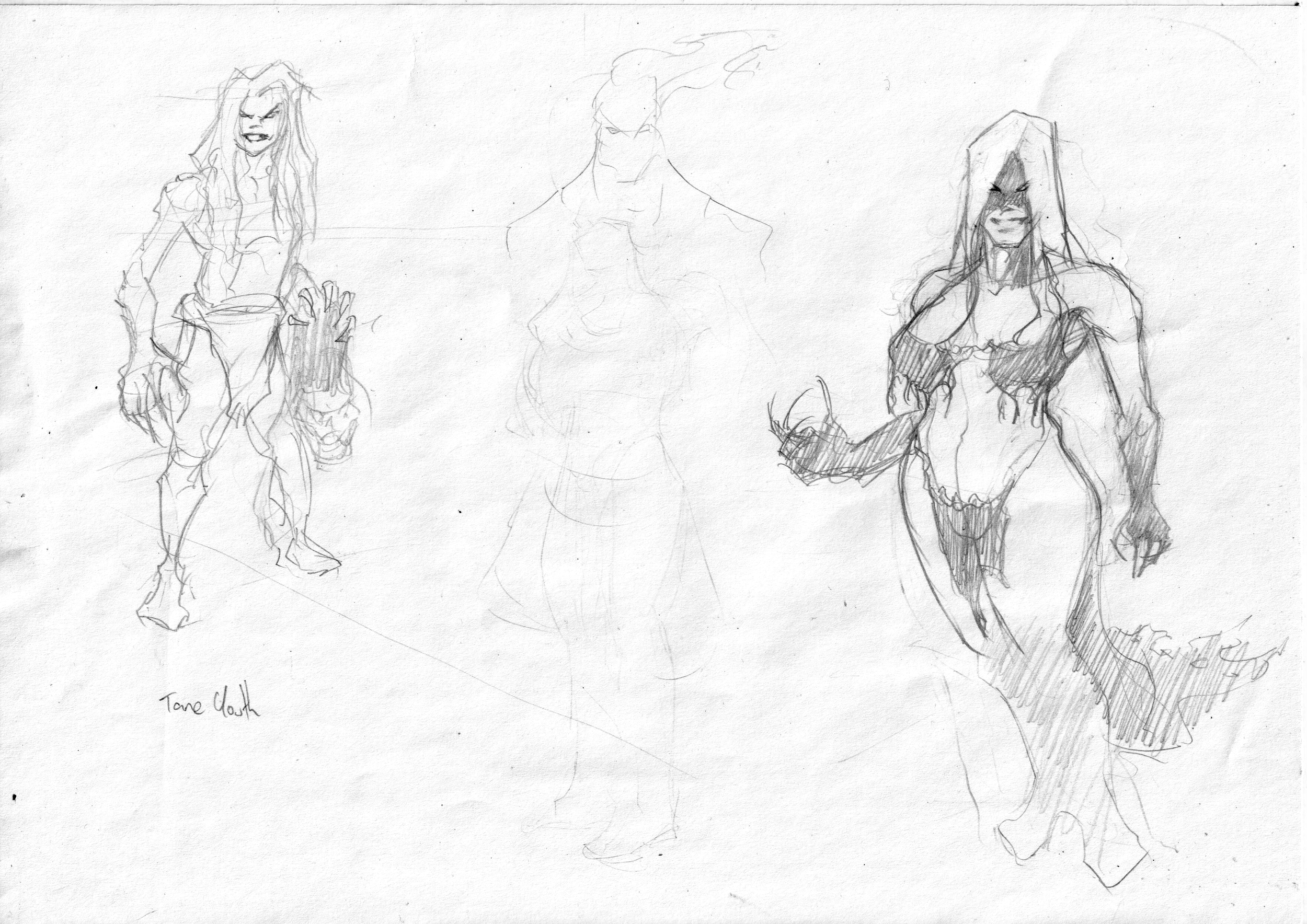 Three hand-drawn sketches of female fantasy characters, with one fully colored in black and white, and the others in pencil outlines. The characters have exaggerated muscular physiques and elaborate costumes.