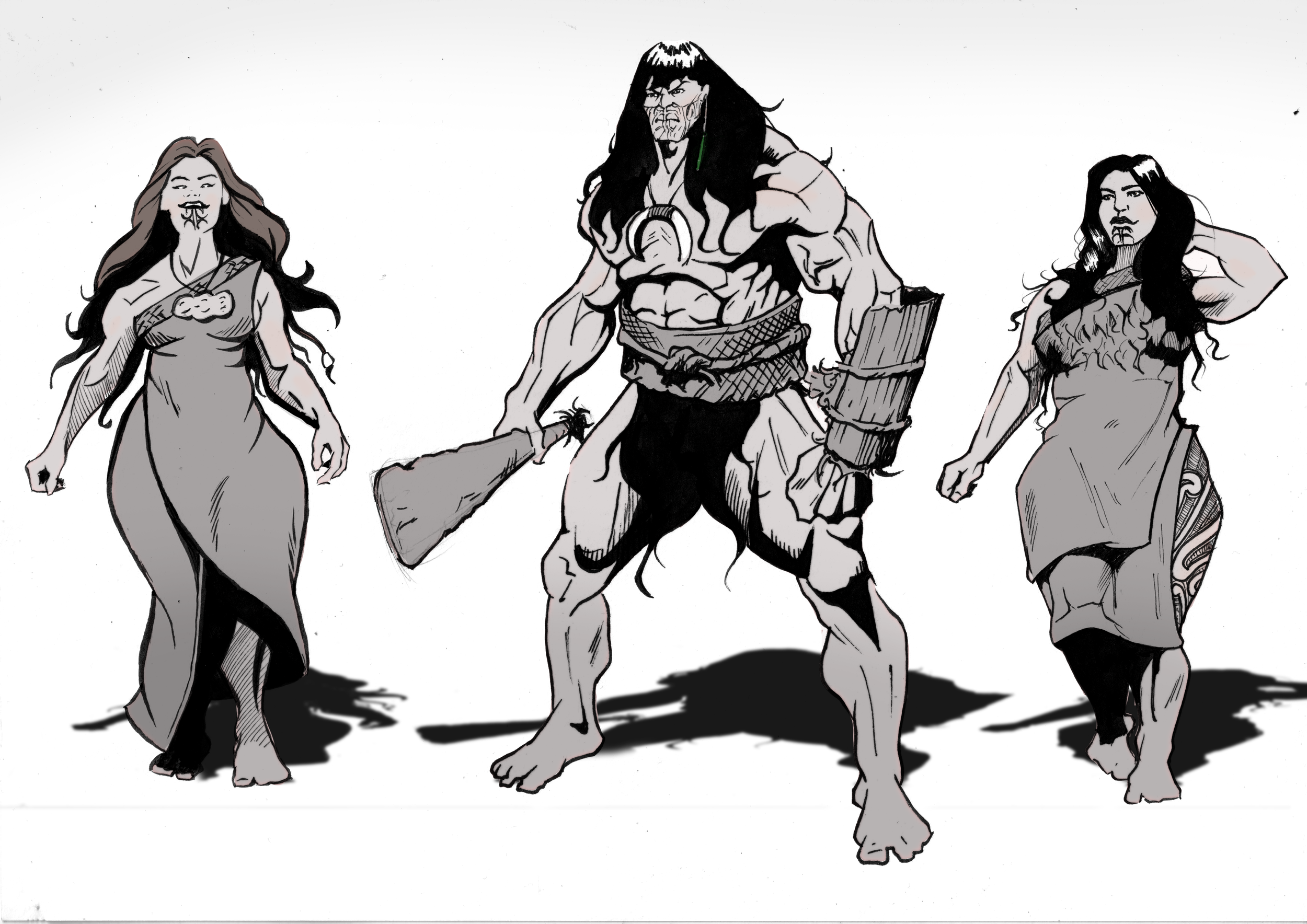 Black and white illustration of three fantasy characters: a woman in a long dress on the left, a large minotaur-like creature in the center holding a club, and a woman in a skirt and top on the right.