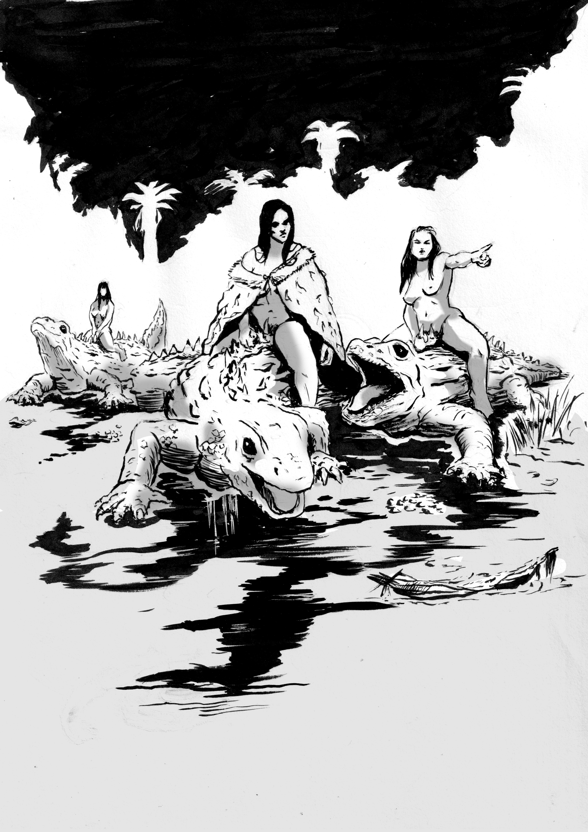 Black and white illustration of three women riding on the backs of dinosaurs in a prehistoric landscape with water, palm trees, and a dark sky.