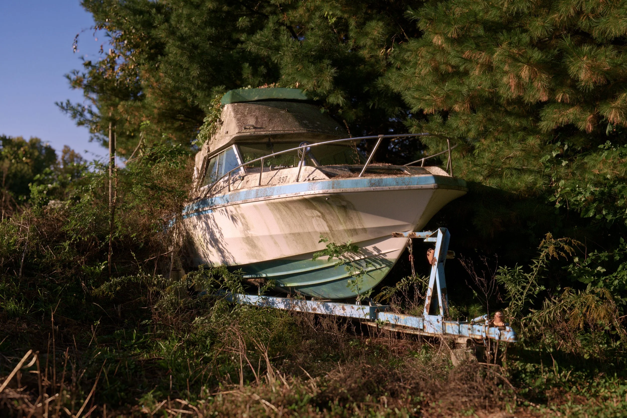 An abandoned boat with a green cover sitting on land among trees and overgrown vegetation.