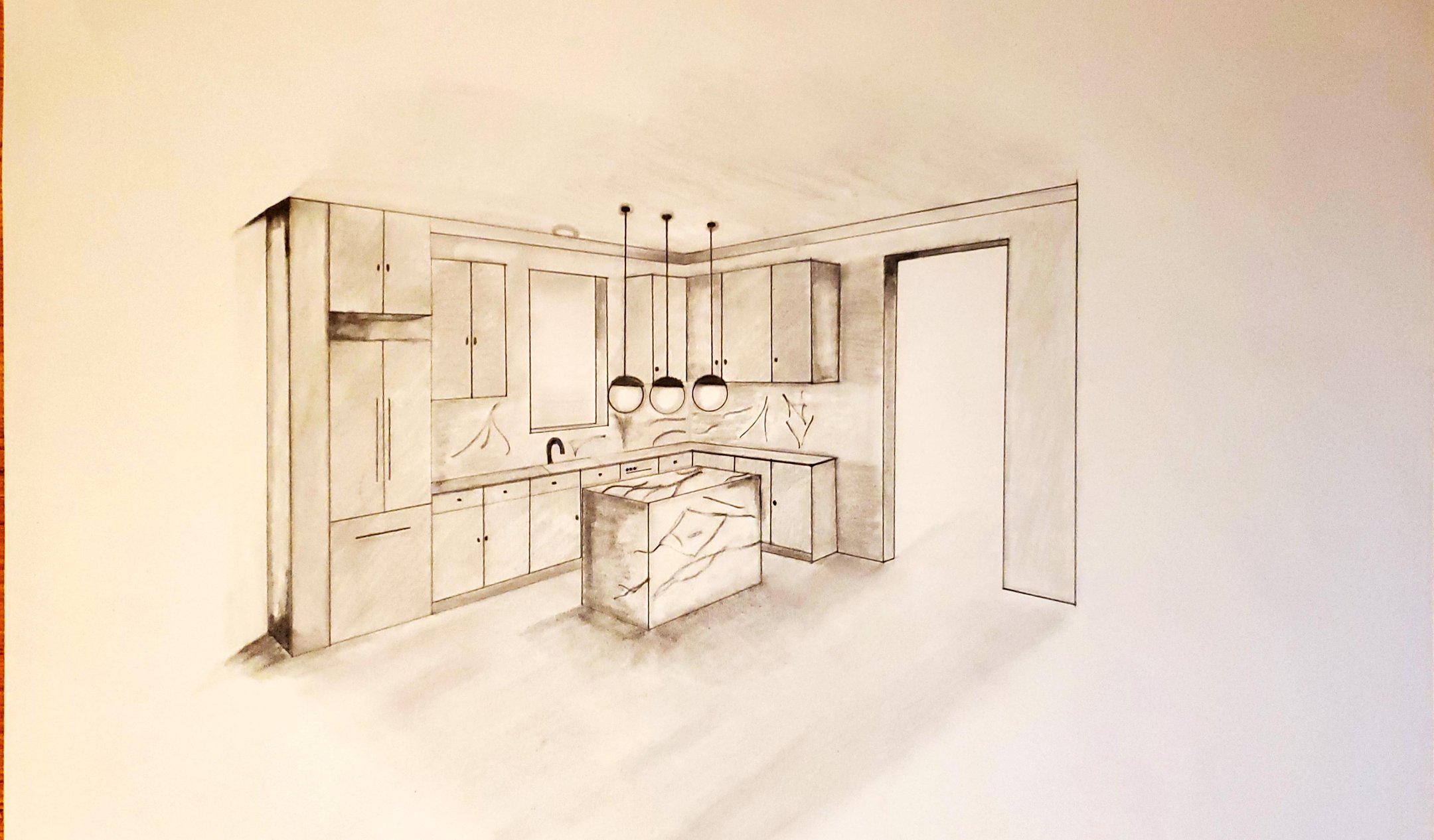 A two-point perspective of a kitchen with
incorporated dining or seating area