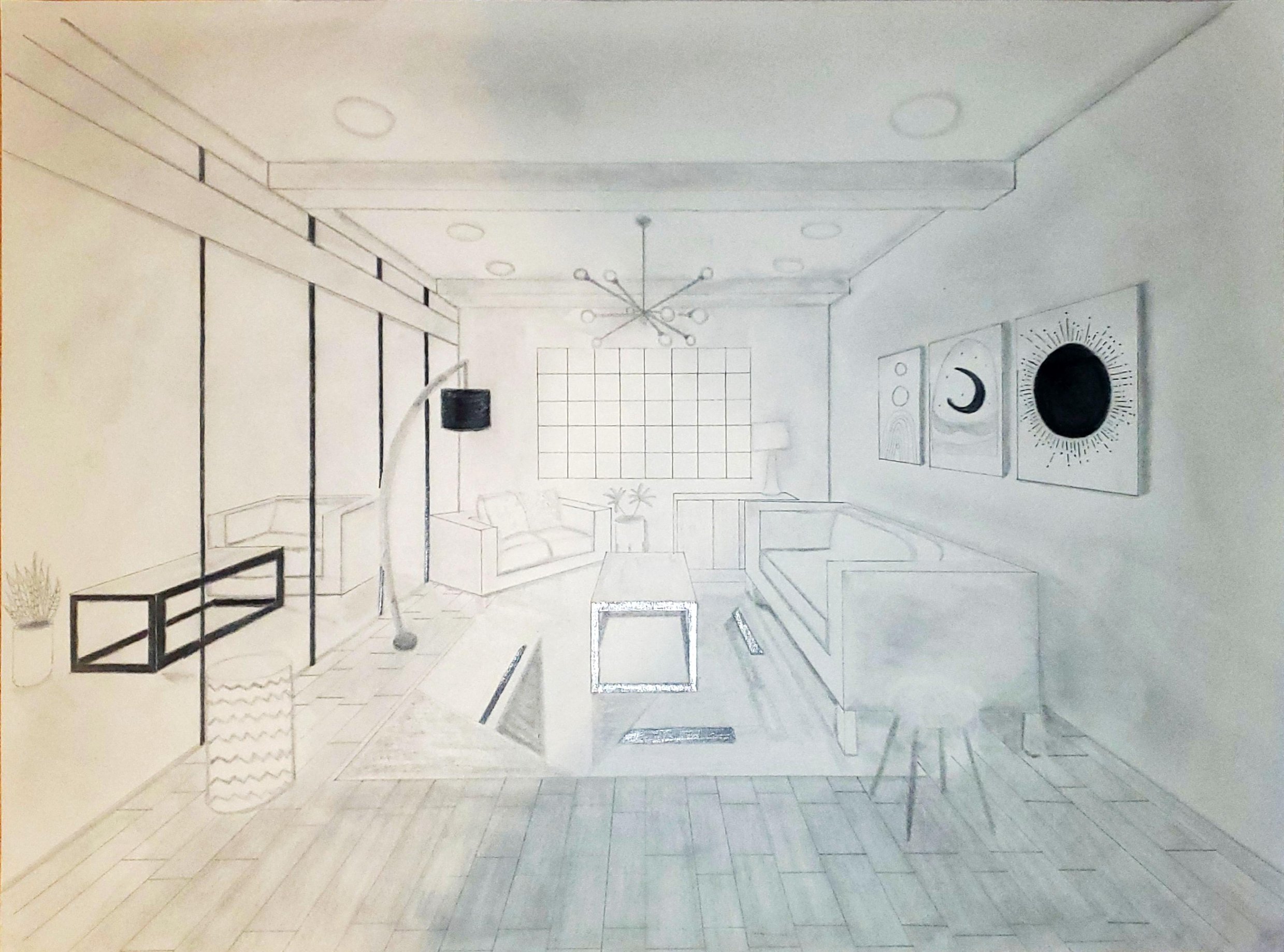 Drawing a one-point perspective of a living room to gain experience incorporating the textures and
simple shading devices