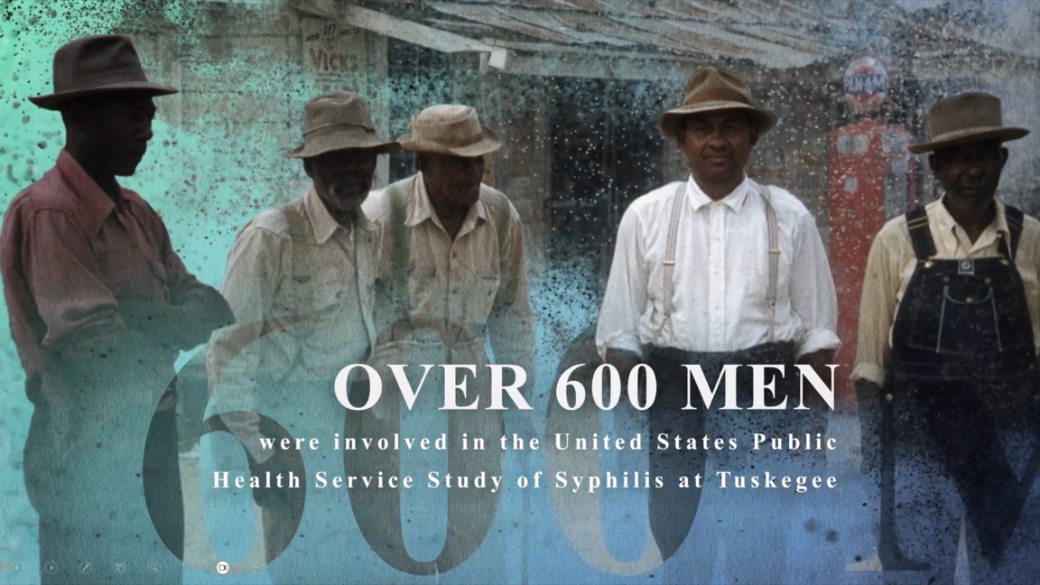 A vintage-style photo of six men wearing hats and work clothes, with Text overlay stating 'Over 600 Men were involved in the United States Public Health Service Study of Syphilis at Tuskegee.'