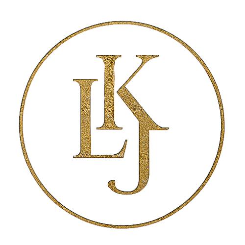 Gold monogram logo with the letters L, K, J inside a gold circle on a black background.