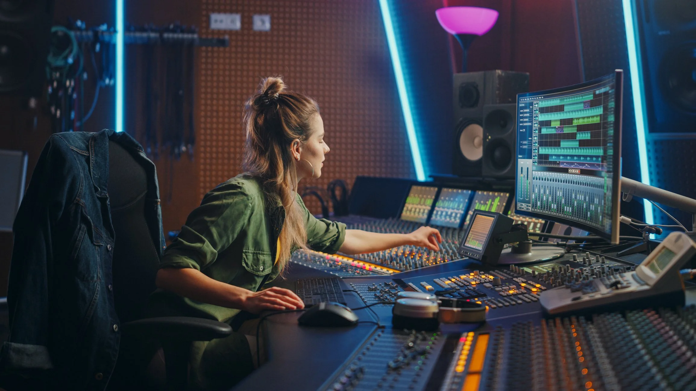 Audio engineer working at a sound mixing console in a neon-lit music studio