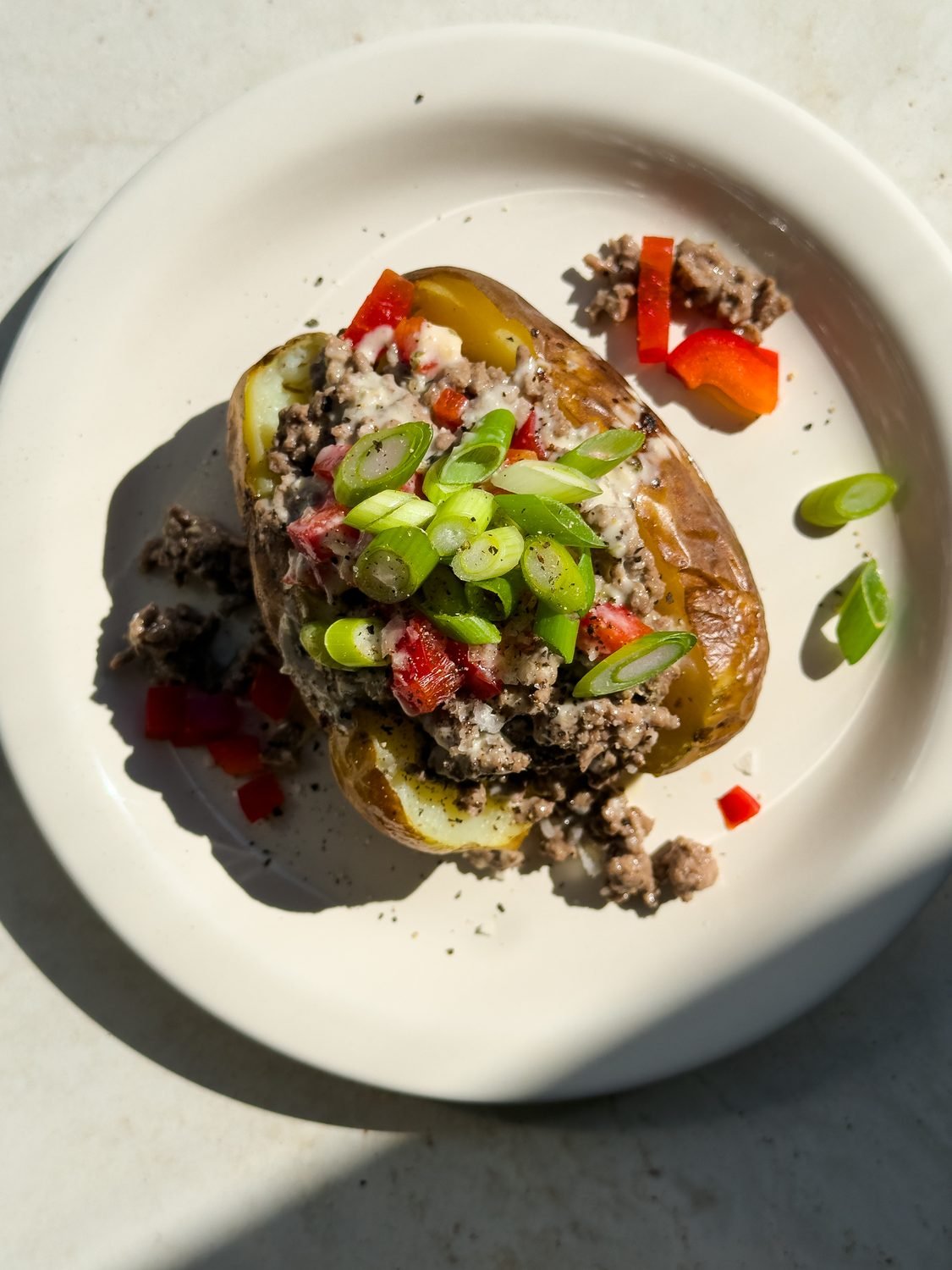 High protein french onion beef baked potato