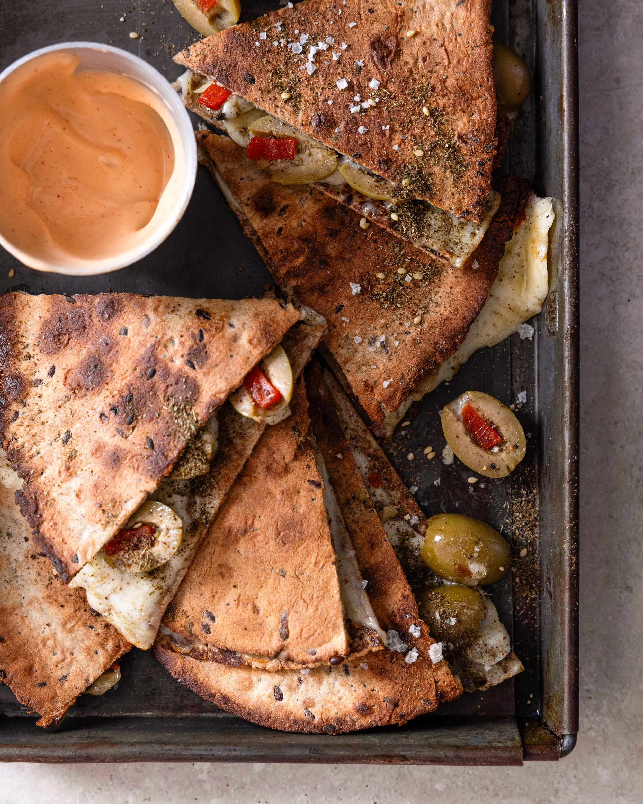 cheesy, olive & zaatar quesadillas.