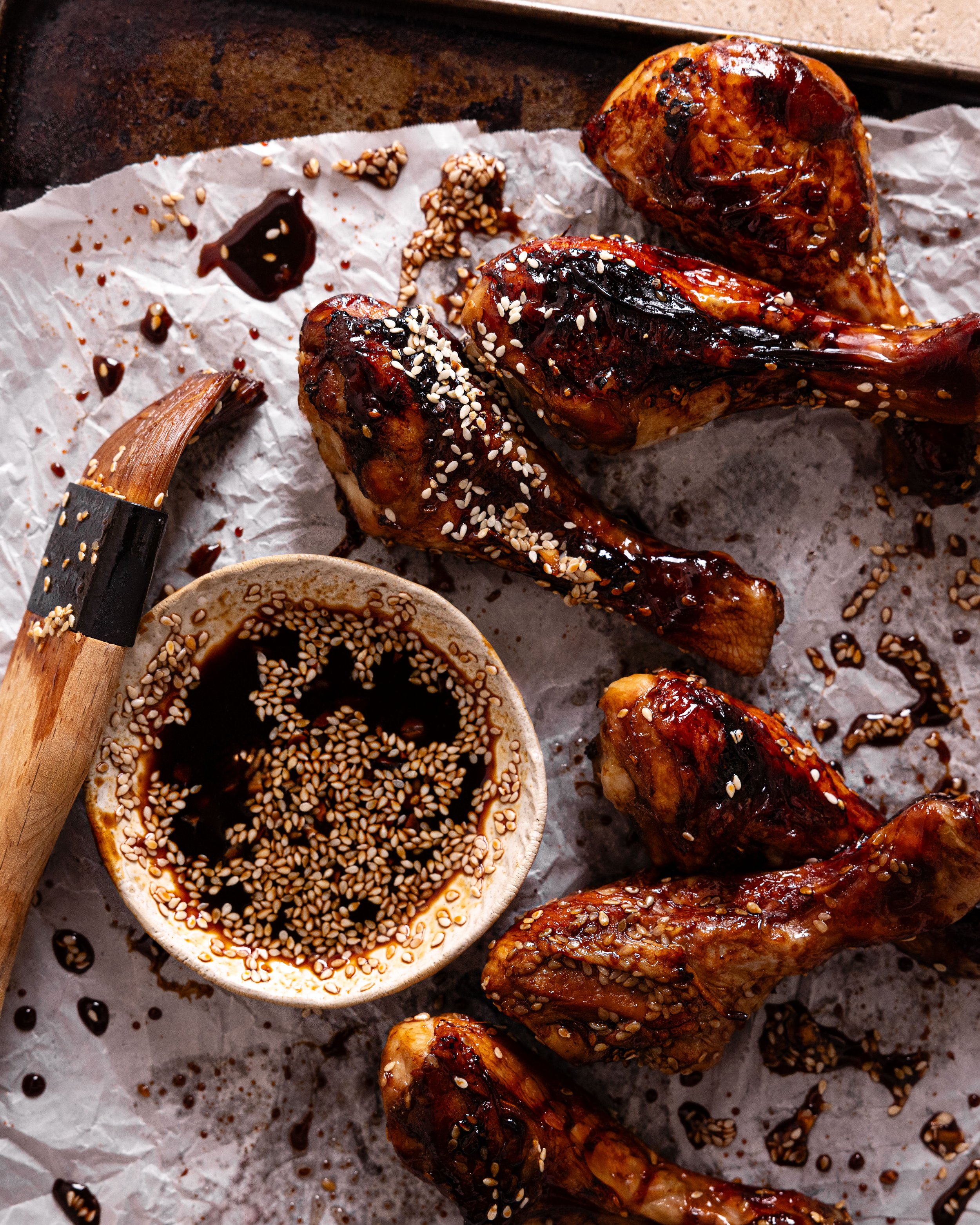 carob, sesame & soy glazed chicken drumsticks.