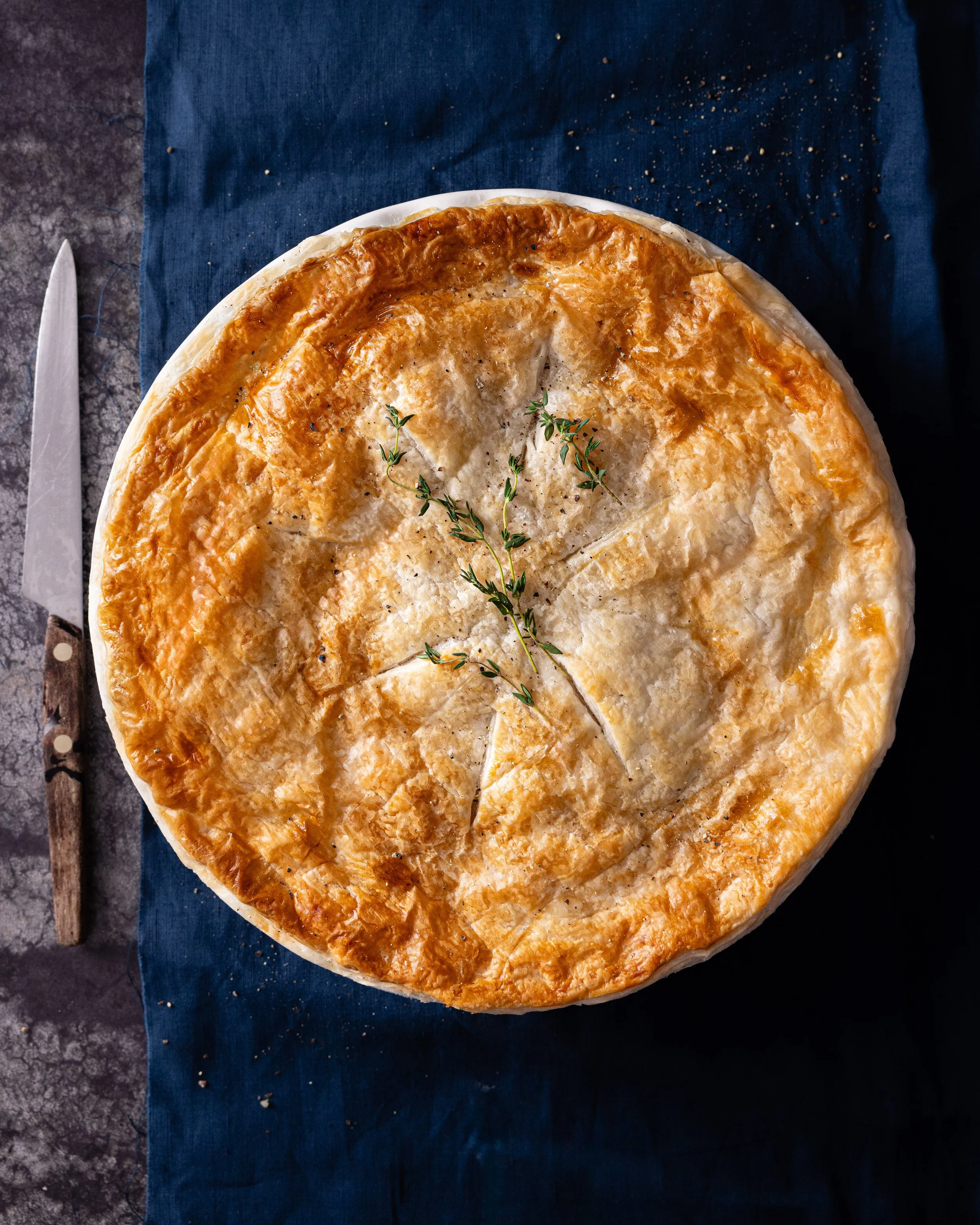 chicken, leek & smoked bacon pie.