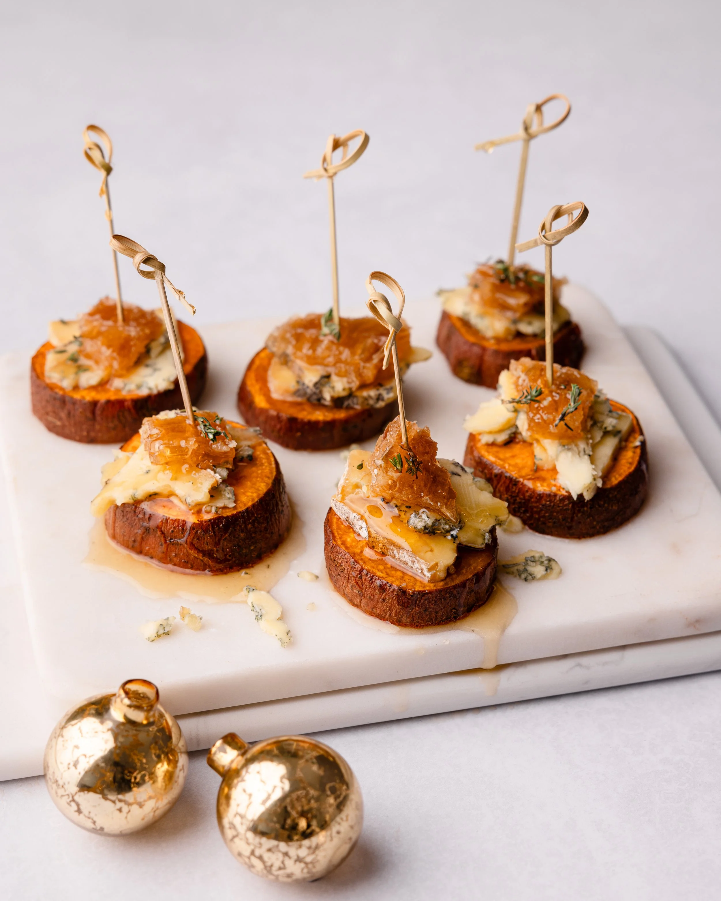 roasted sweet potato, blue cheese & honeycomb canapés.