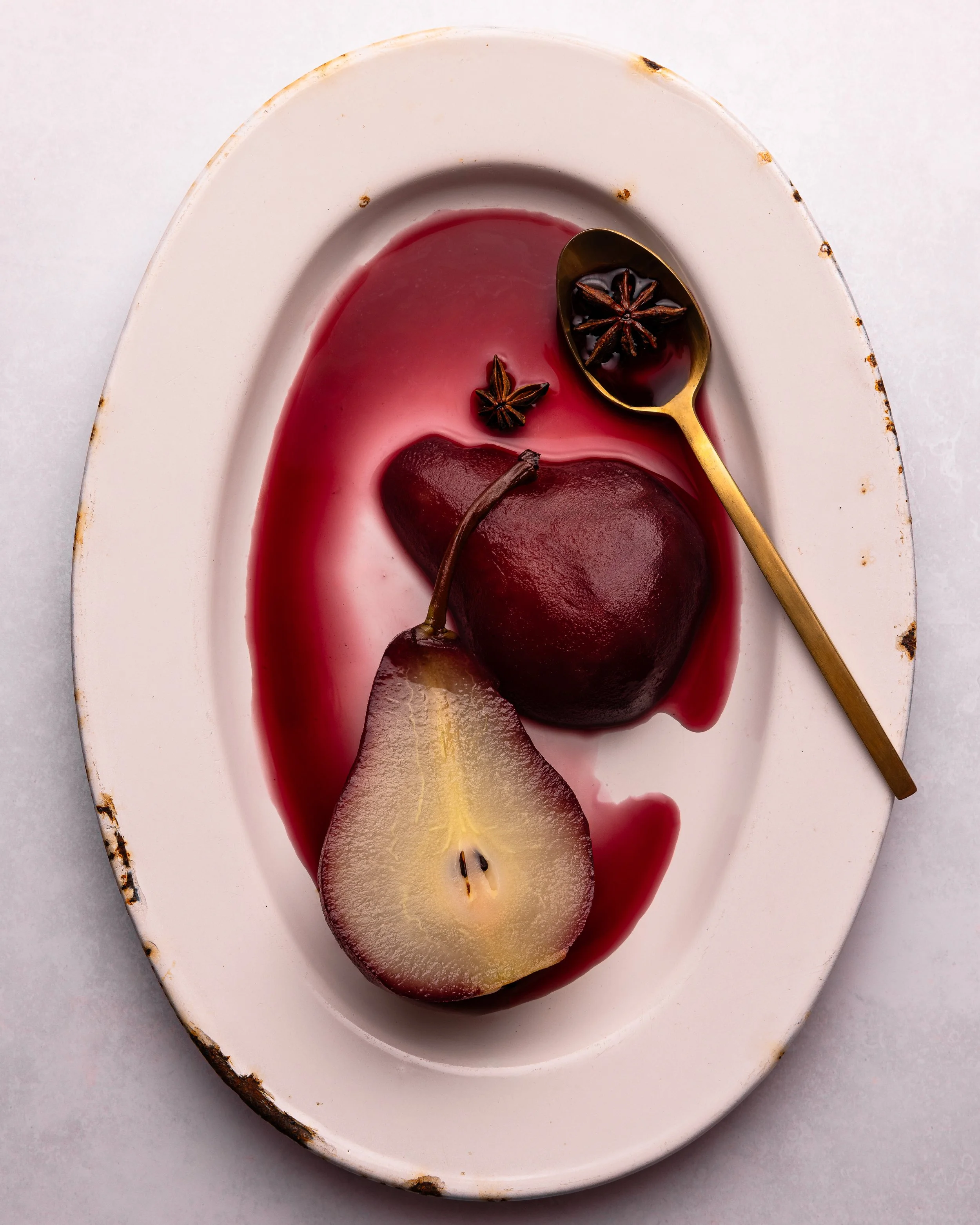 red wine poached pears.