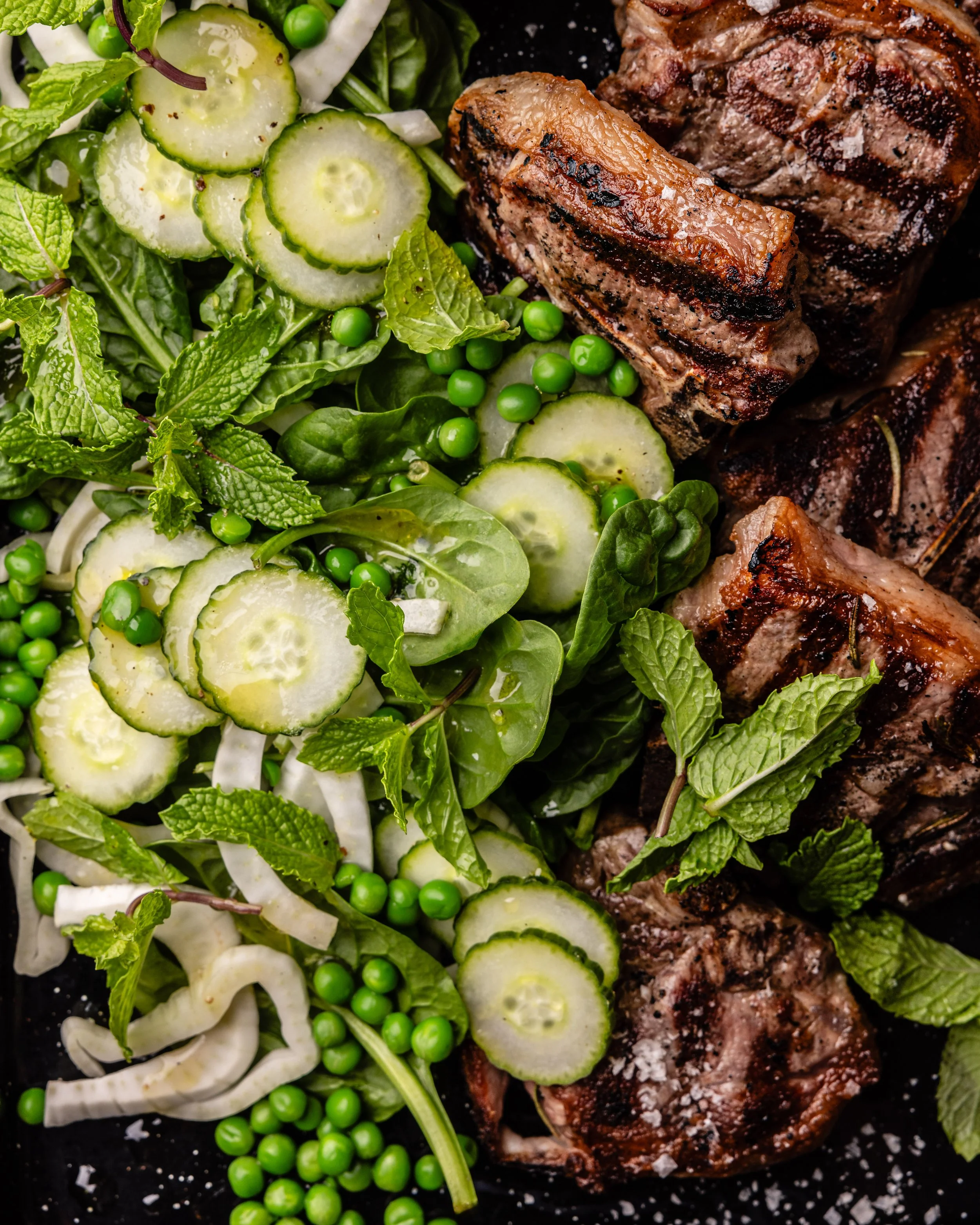 bbq lamb chops with a pea & mint salad.