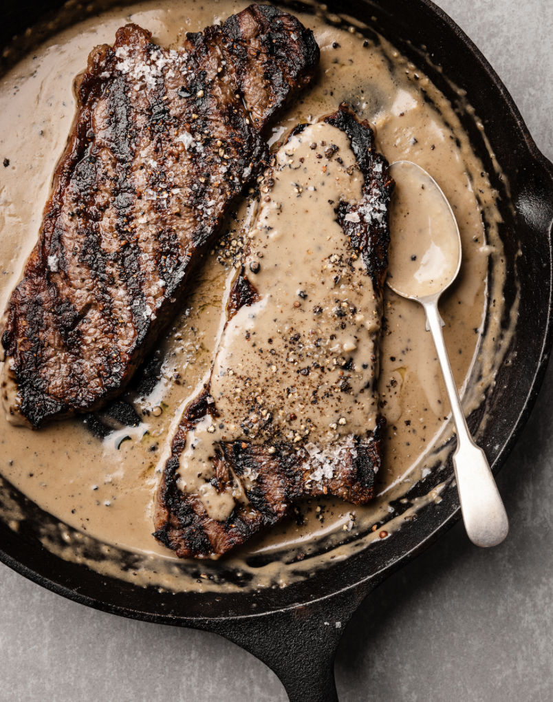 wagyu sirloin steak with peppercorn sauce. 