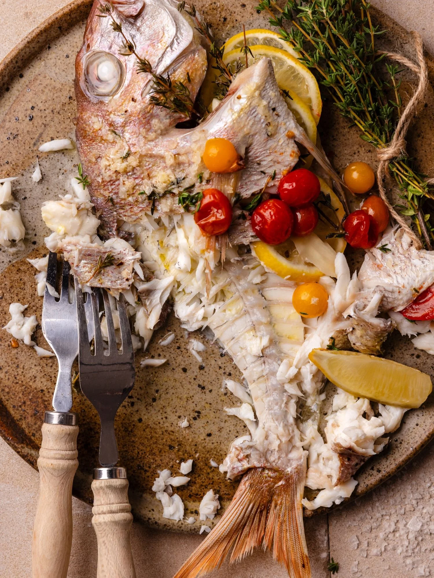 Baked lemon snapper on plate with Murray River Salt