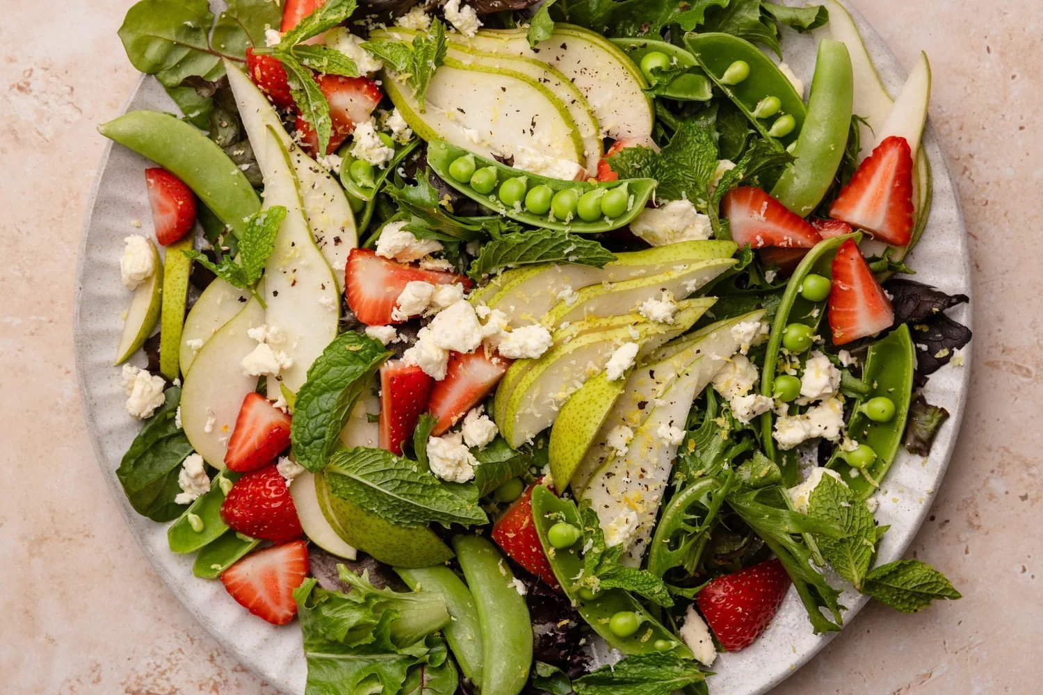 Pear, pea, strawberry & mint salad with feta