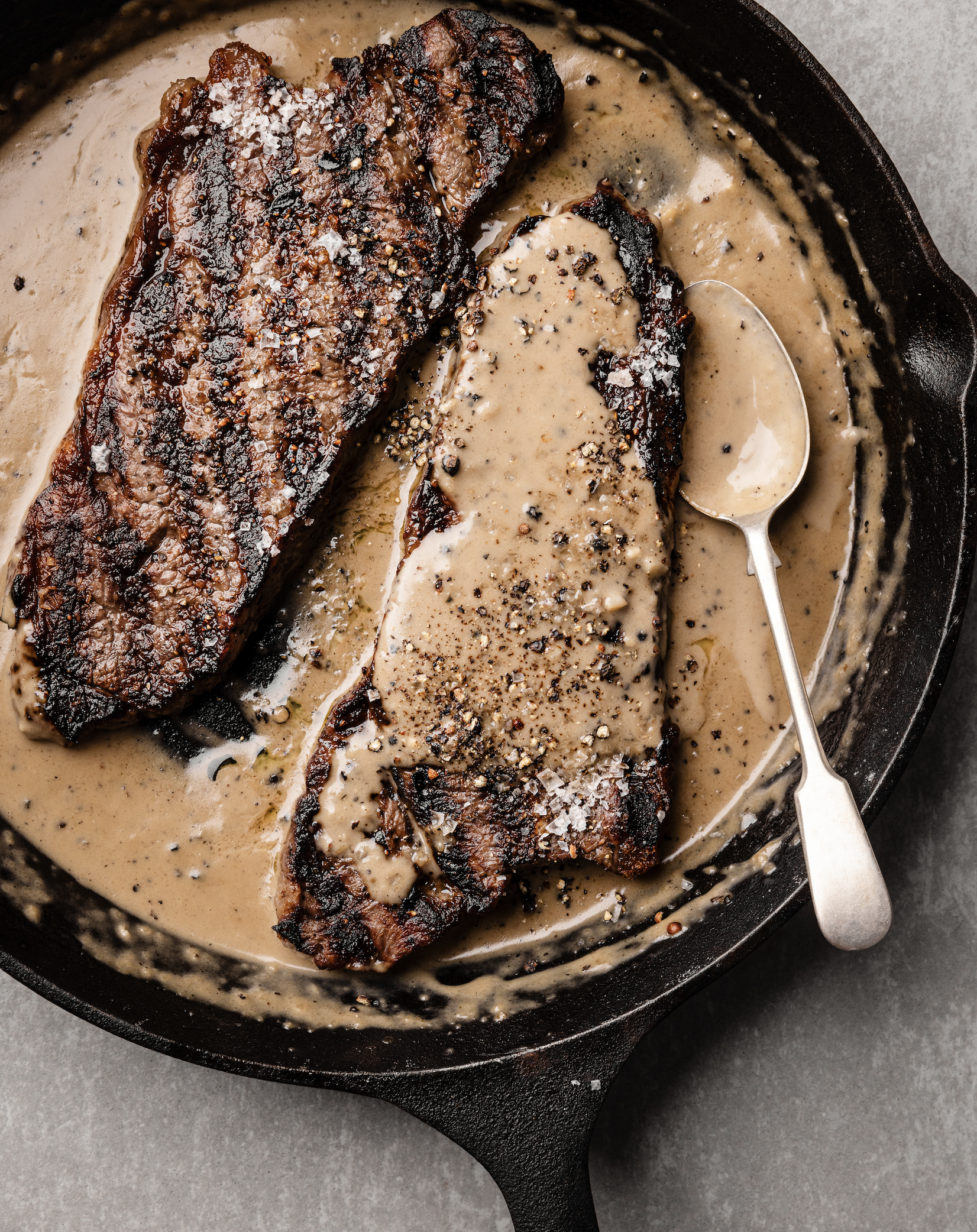 wagyu sirloin steak with peppercorn sauce.