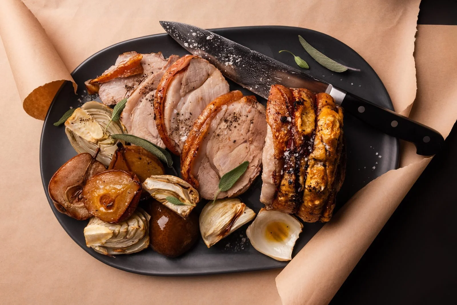 Classic roast pork with apples, pears & onions