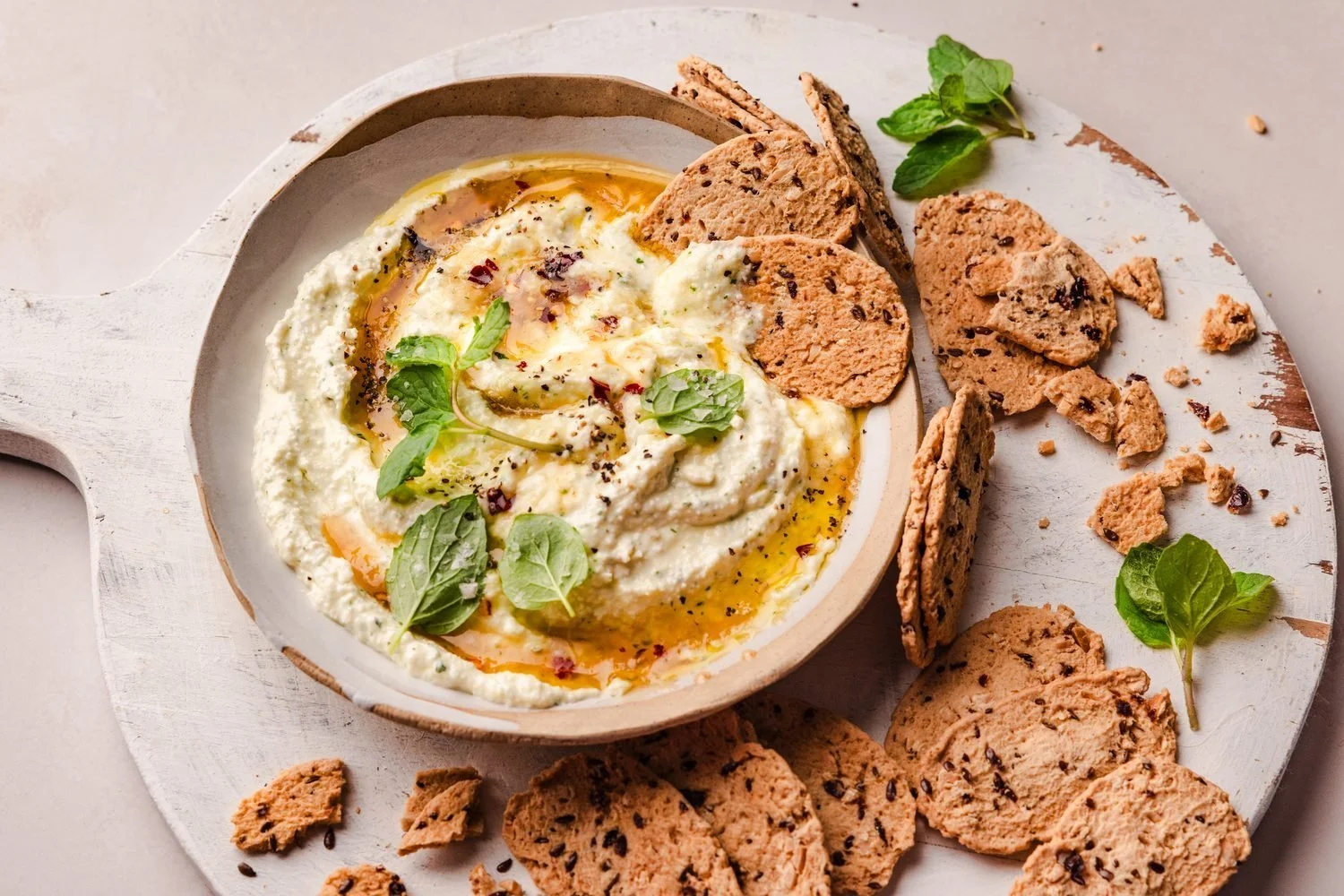 Whipped feta dip with salted honey & yoghurt flatbreads