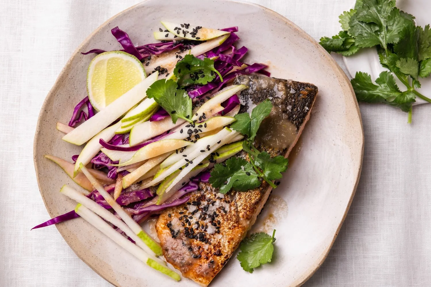 Soy glazed salmon with crunchy pear slaw