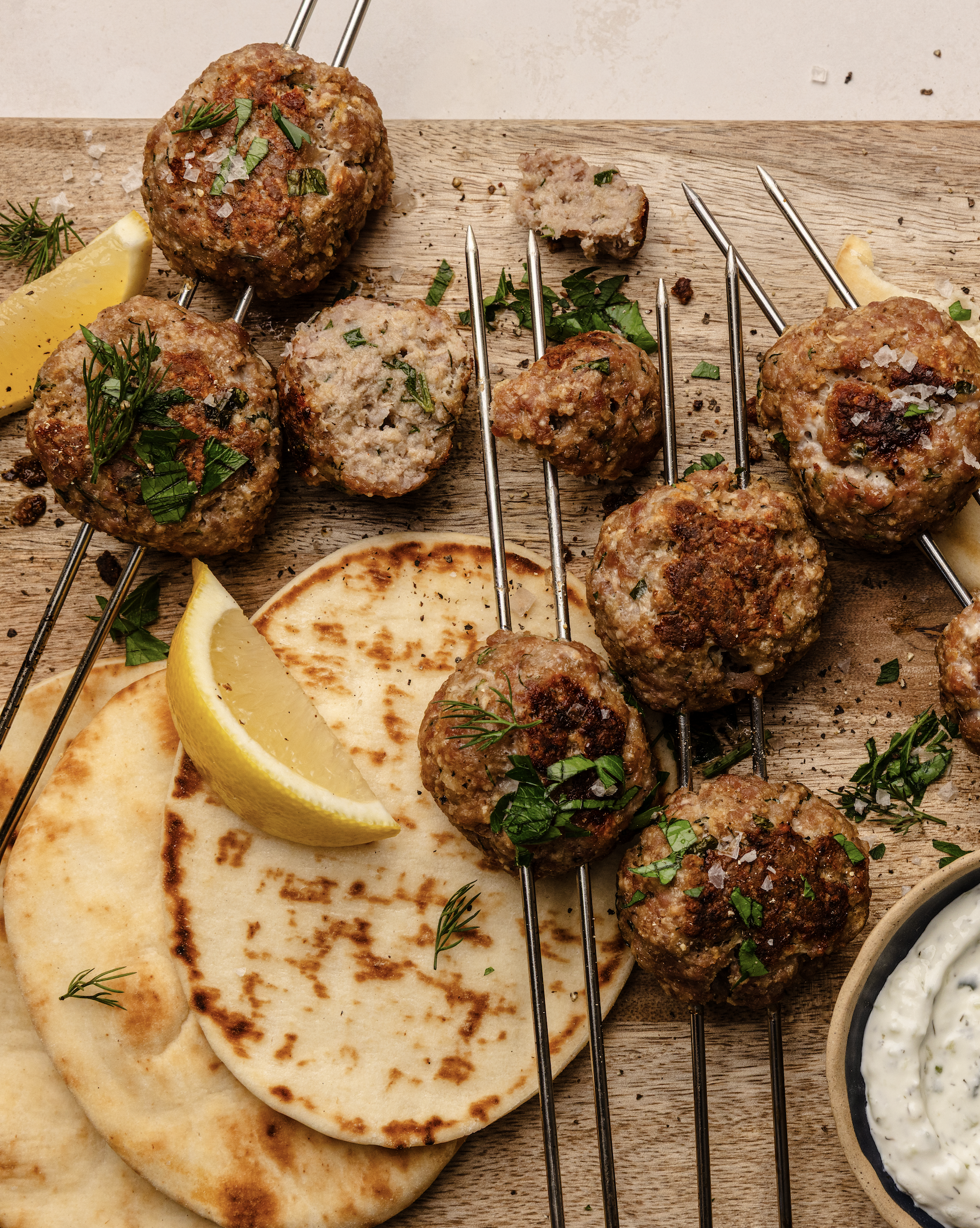 zesty herb pork meatball skewers.