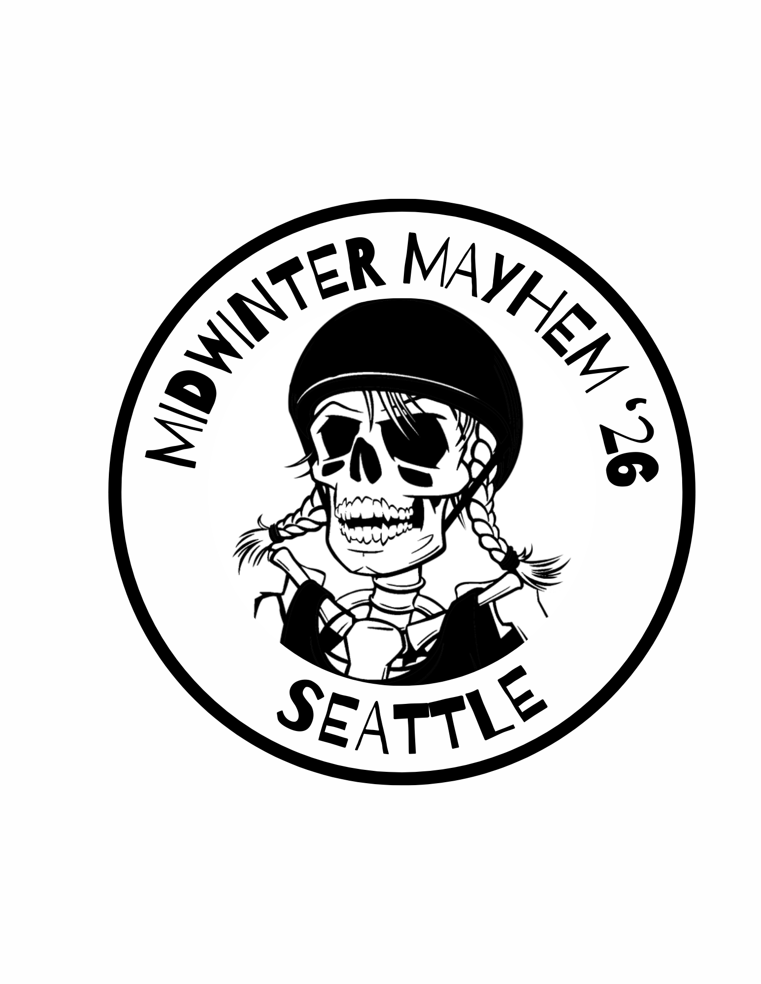 Midwinter Mayhem '26 Seattle, skeleton with braids and helmet, design for sticker or patch