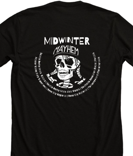 Midwinter Mayhem '26 Seattle shirt, skeleton with braids and helmet, back design large on the full back with team names