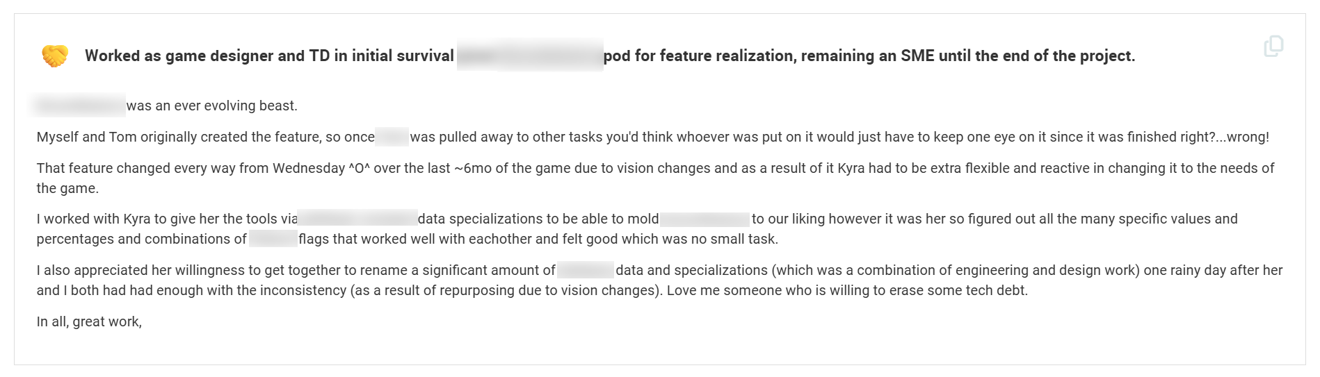 Feedback from Senior Gameplay Programmer at Red Storm Entertainment
