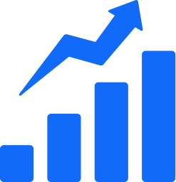 White upward-trending arrow over increasing bar chart on black background.