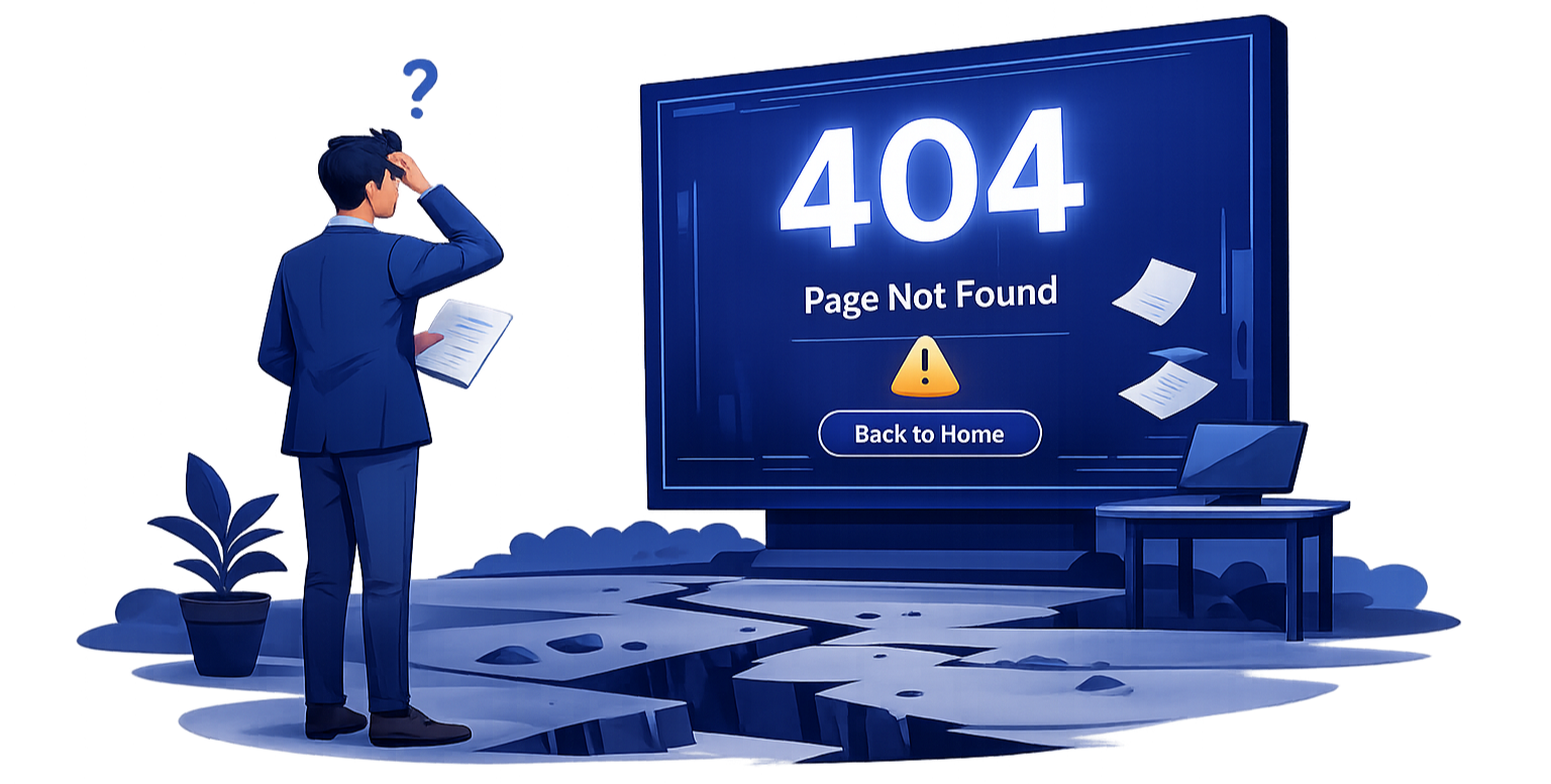 A man in a blue suit standing in front of a large digital screen displaying a 404 error message with the text "Page Not Found," a yellow warning icon, a note icon, and a "Back to Home" button. The man looks confused, holding a paper, with papers floating around, and standing on a cracked pathway near a small table with a laptop and a potted plant.